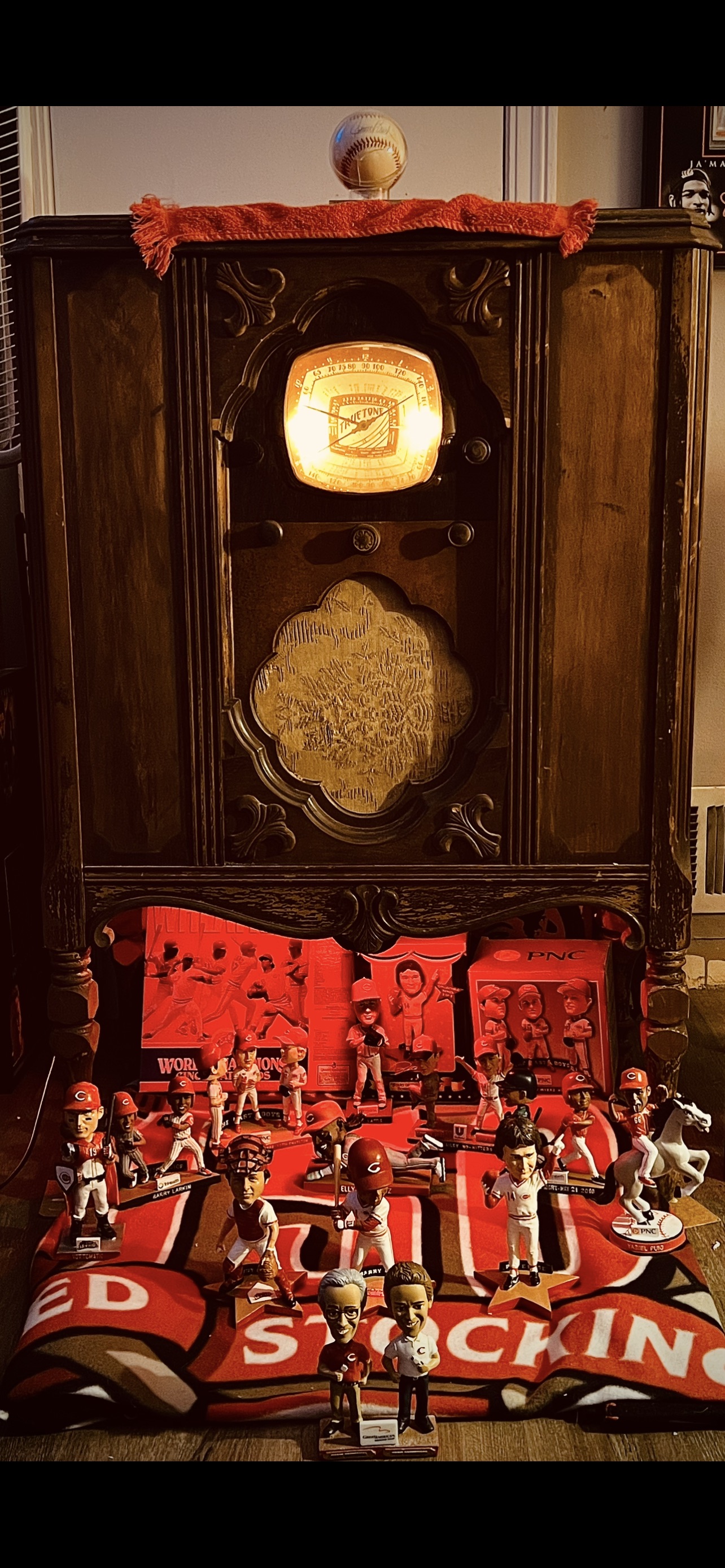 Art Deco American Walnut Console Radio with Cincinnati Reds Bobblehead Collection