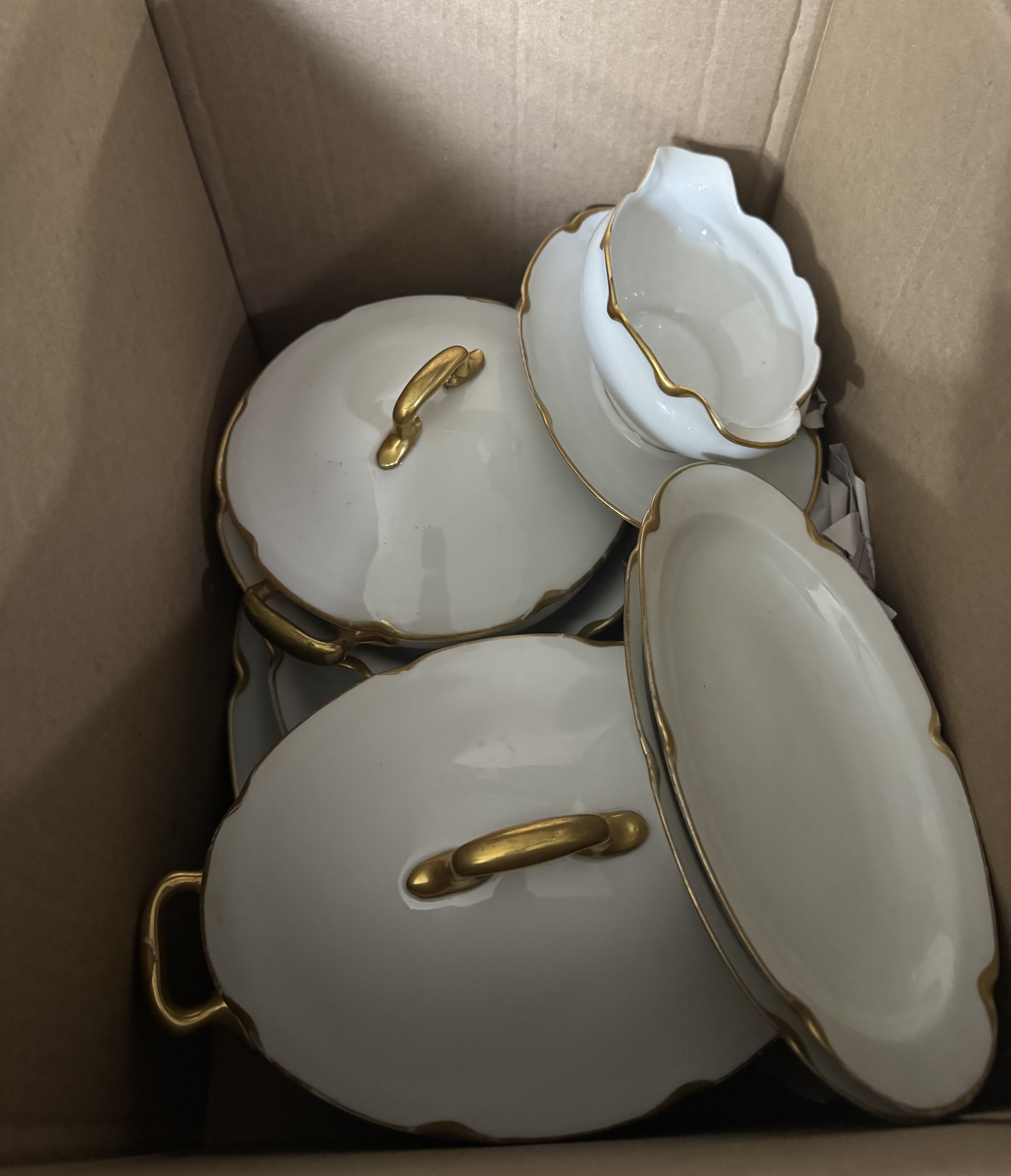 Edwardian Style Gilt-Edged White Porcelain Serving Set (covered vegetable dishes, gravy boat with attached underplate...