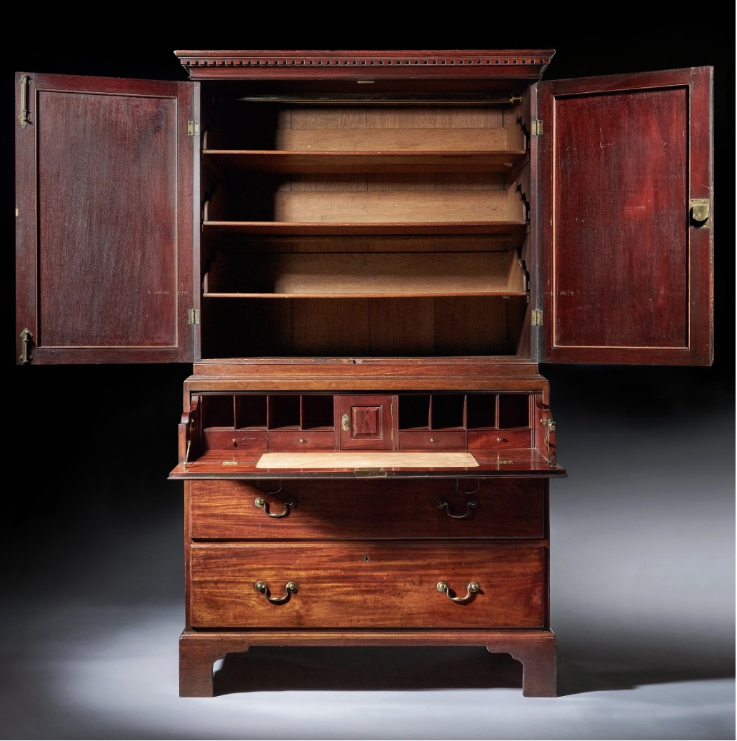 English Georgian Period Mahogany Linen Press Bureau Cabinet thumbnail 2