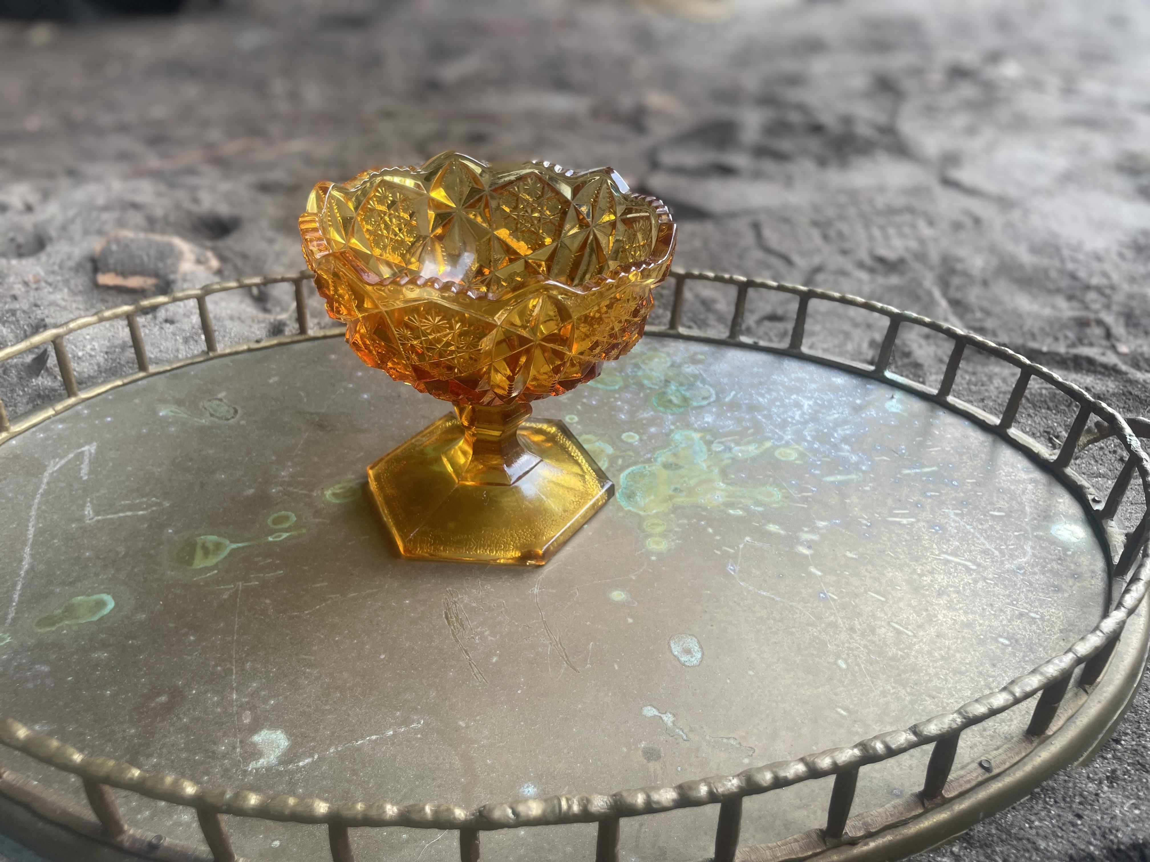 American Mid-Century 'Daisy and Button' Pressed Amber Glass Compote