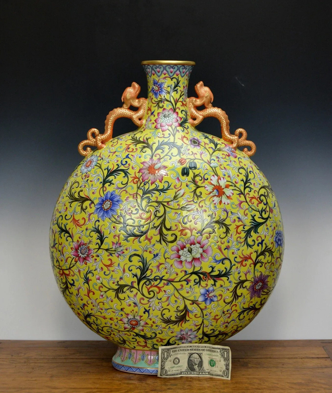 Chinese Qing Style Yellow-Ground Famille Rose Porcelain Moon Flask Vase