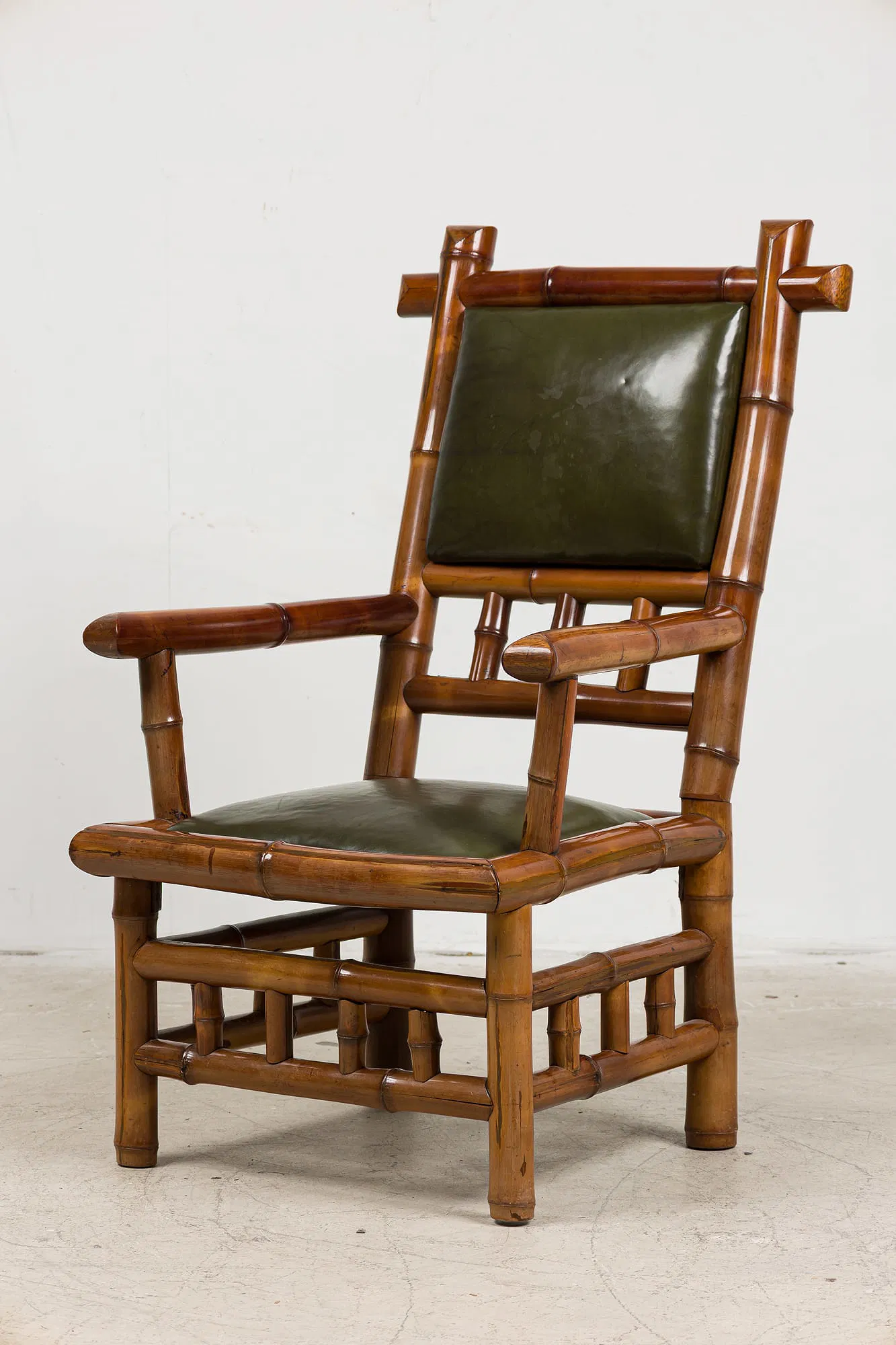 French Japonisme Bamboo-Form Wood and Leather Armchairs, Pair thumbnail 10