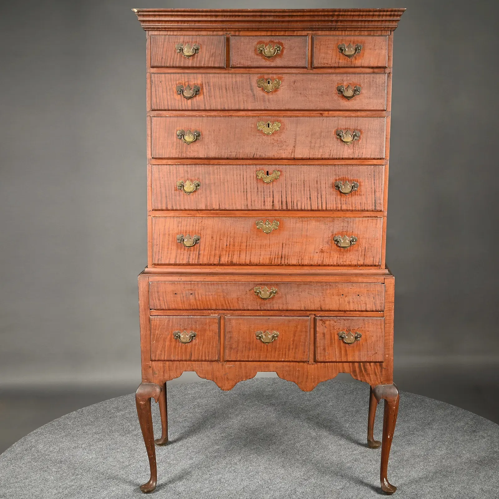 American Queen Anne Period Tiger Maple High Chest of Drawers thumbnail 2