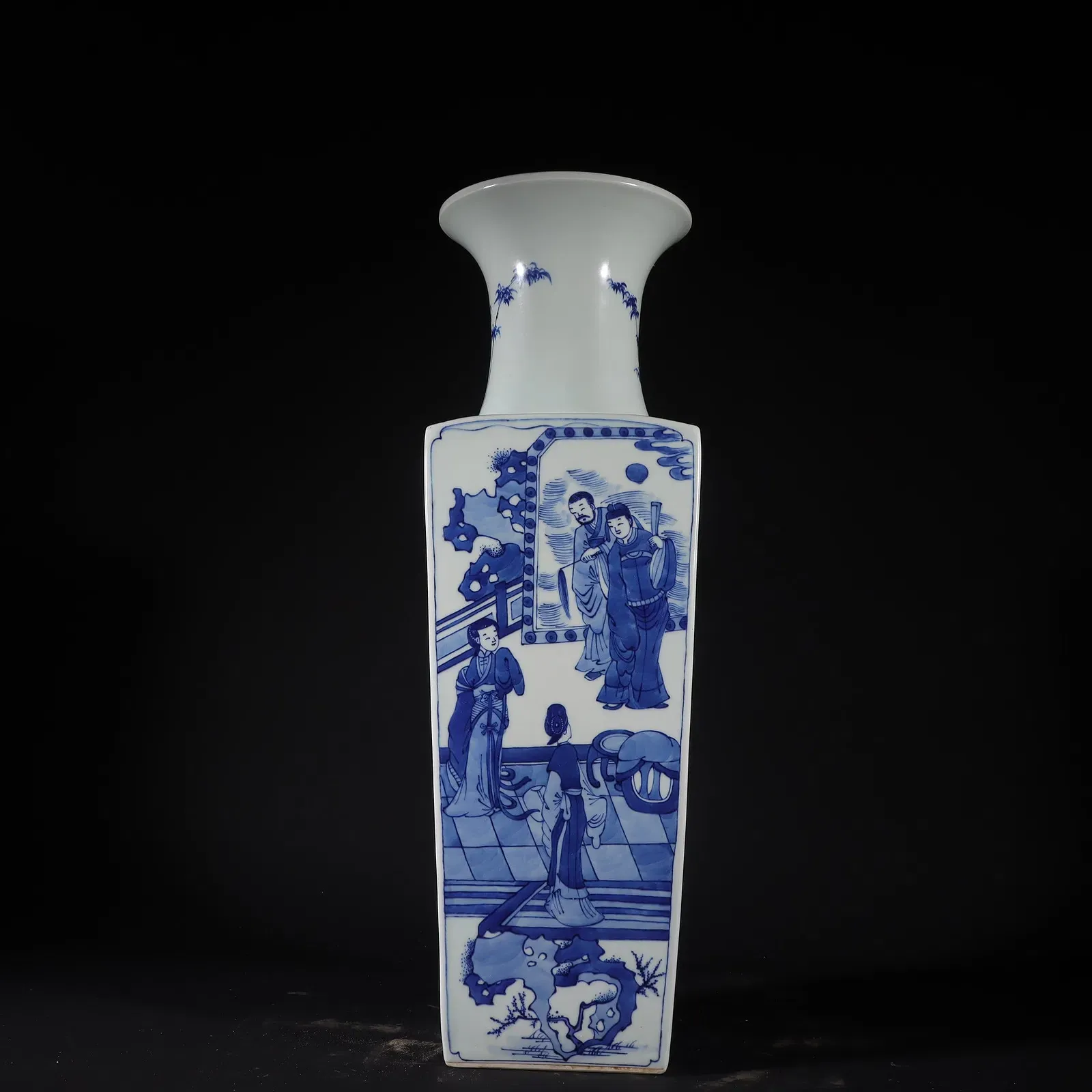 Chinese Guangxu Mark Blue and White Figural Square Porcelain Vase