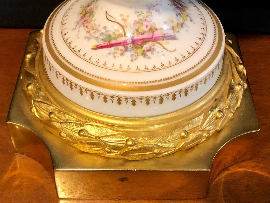 French Louis XVI Style Gilt-Bronze Mounted Hand-Painted Porcelain Covered Urn, Signed H. Poitevin thumbnail 6