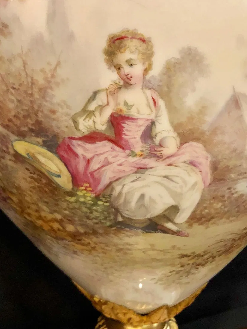 French Louis XVI Style Gilt-Bronze Mounted Hand-Painted Porcelain Covered Urn, Signed H. Poitevin thumbnail 8
