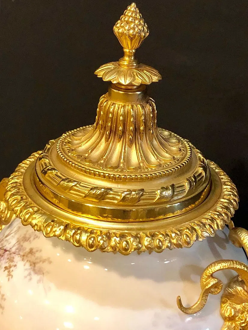 French Louis XVI Style Gilt-Bronze Mounted Hand-Painted Porcelain Covered Urn, Signed H. Poitevin thumbnail 9