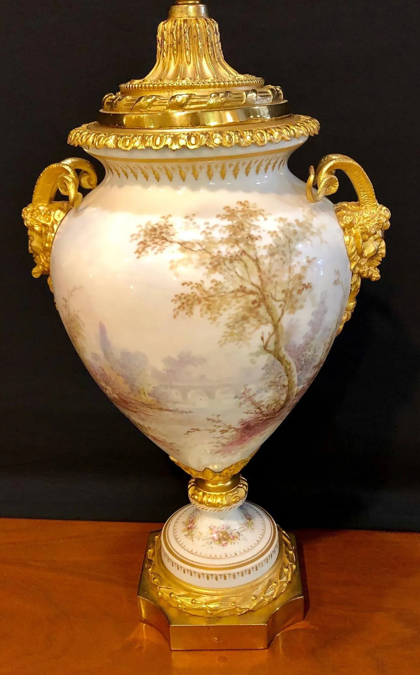 French Louis XVI Style Gilt-Bronze Mounted Hand-Painted Porcelain Covered Urn, Signed H. Poitevin thumbnail 10