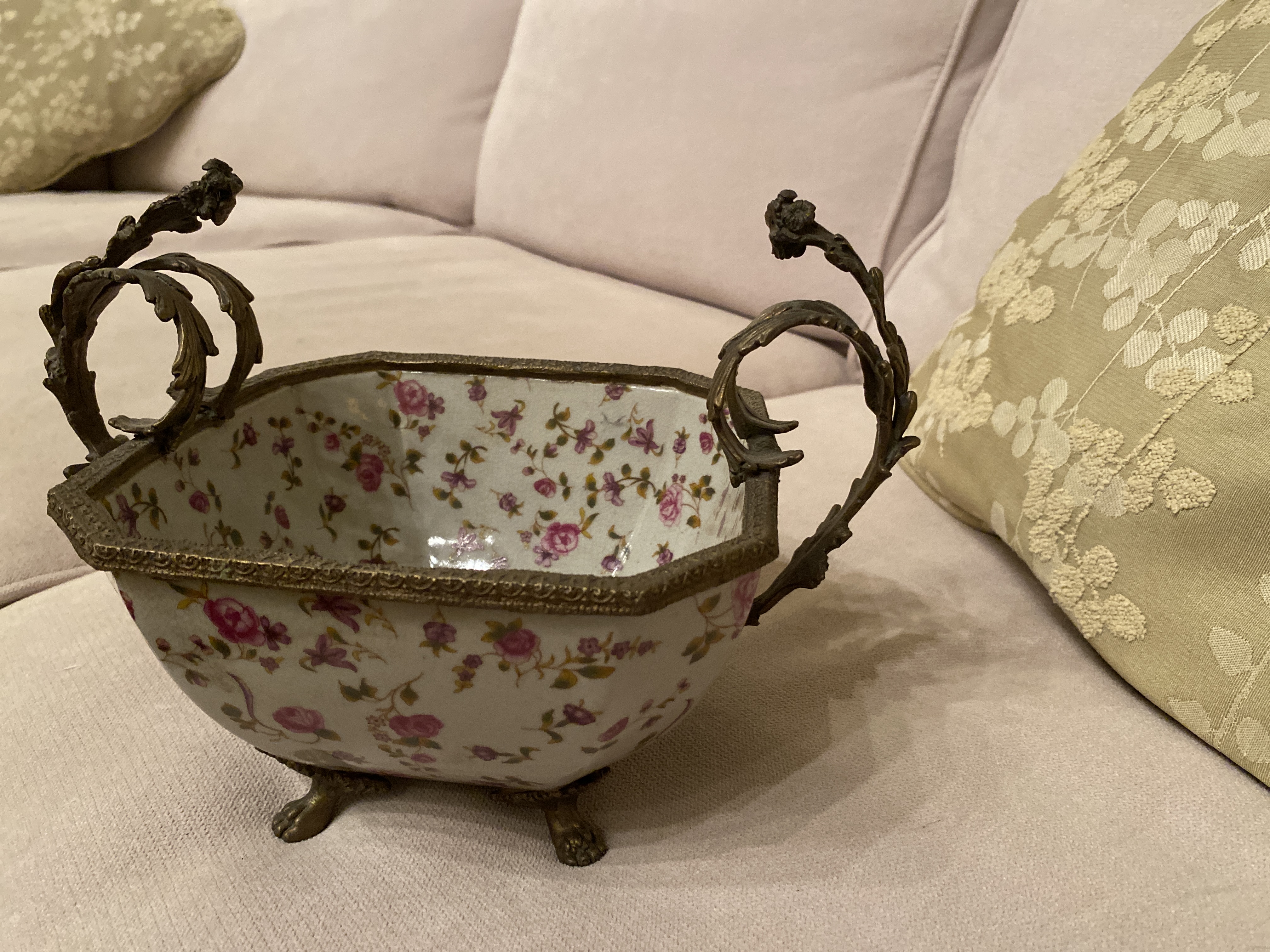 French Rococo Style Porcelain and Bronze Bowl