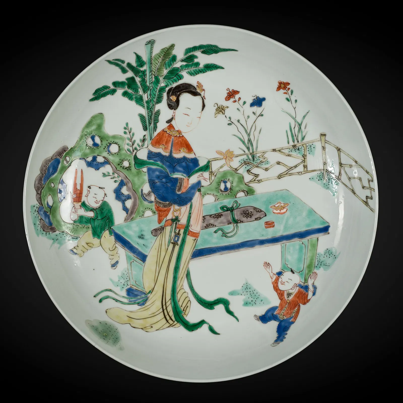Chinese Qing Period Famille Verte Porcelain 'Lady and Boys' Dish
