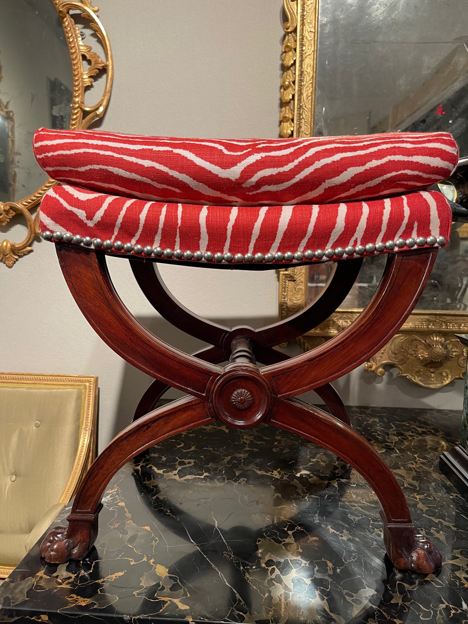 Pair of French Restoration Mahogany X-frame Stools thumbnail 4