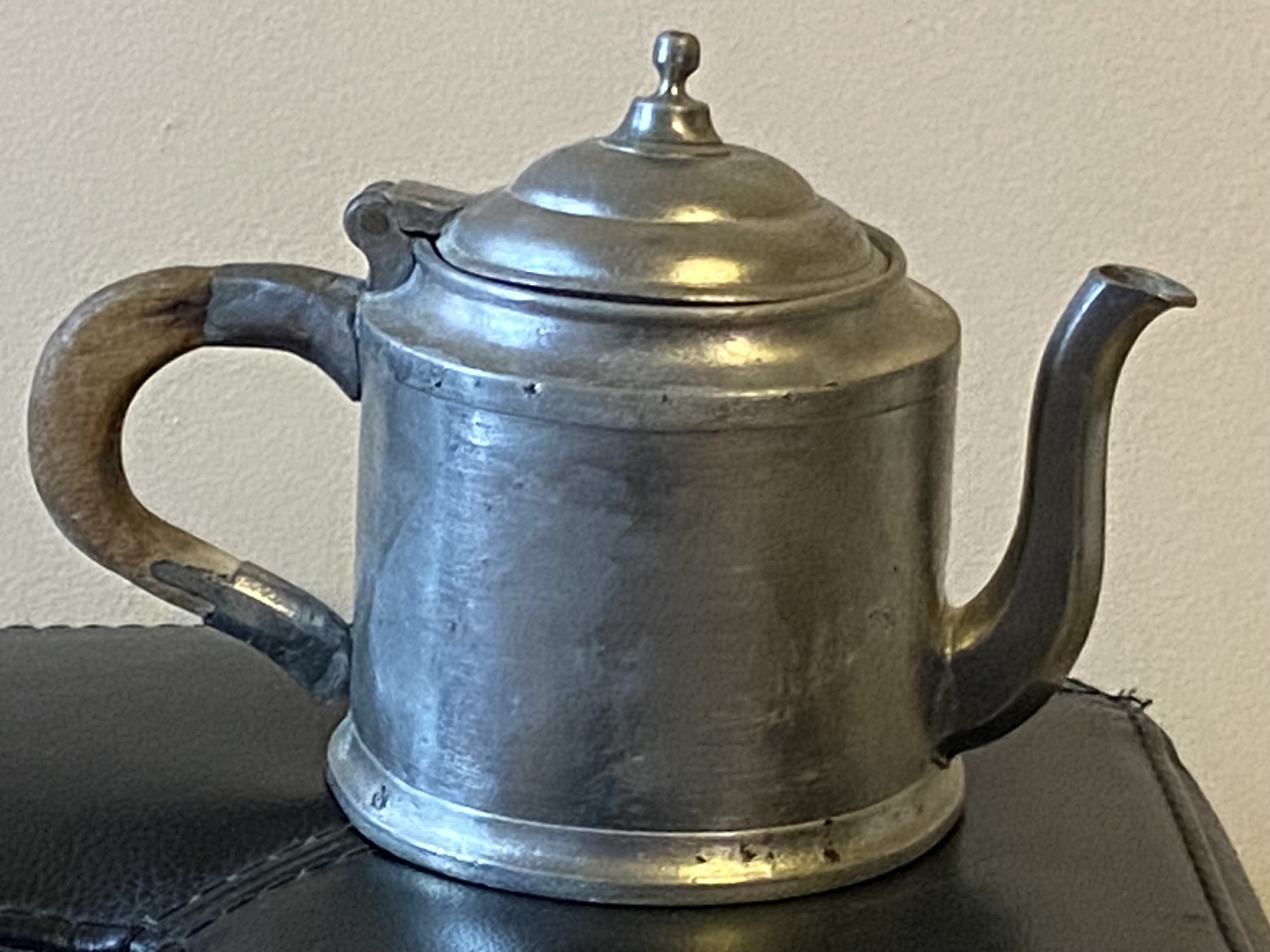 Early American Colonial Period Pewter and Wood Teapot