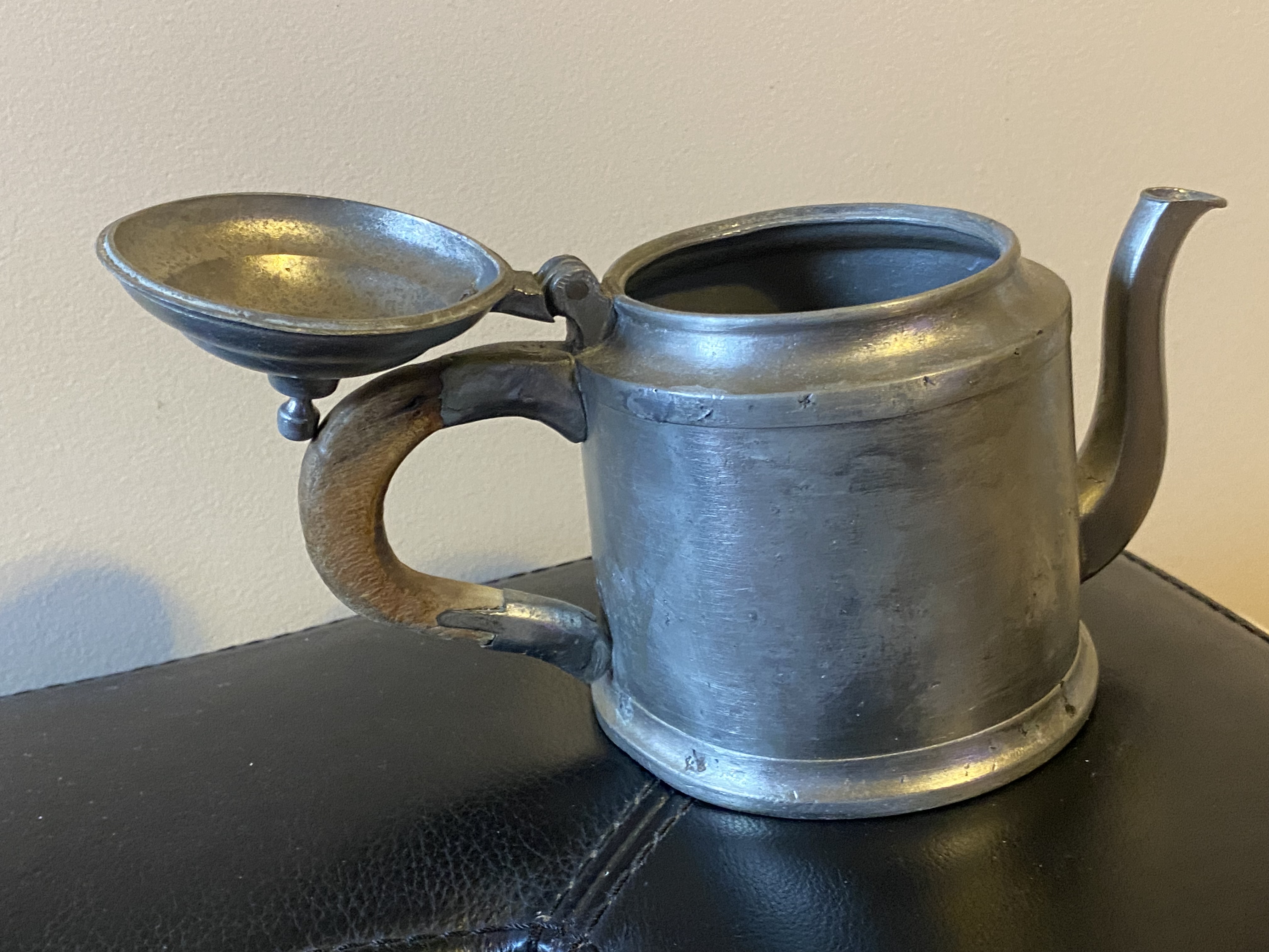 Early American Colonial Period Pewter and Wood Teapot thumbnail 2