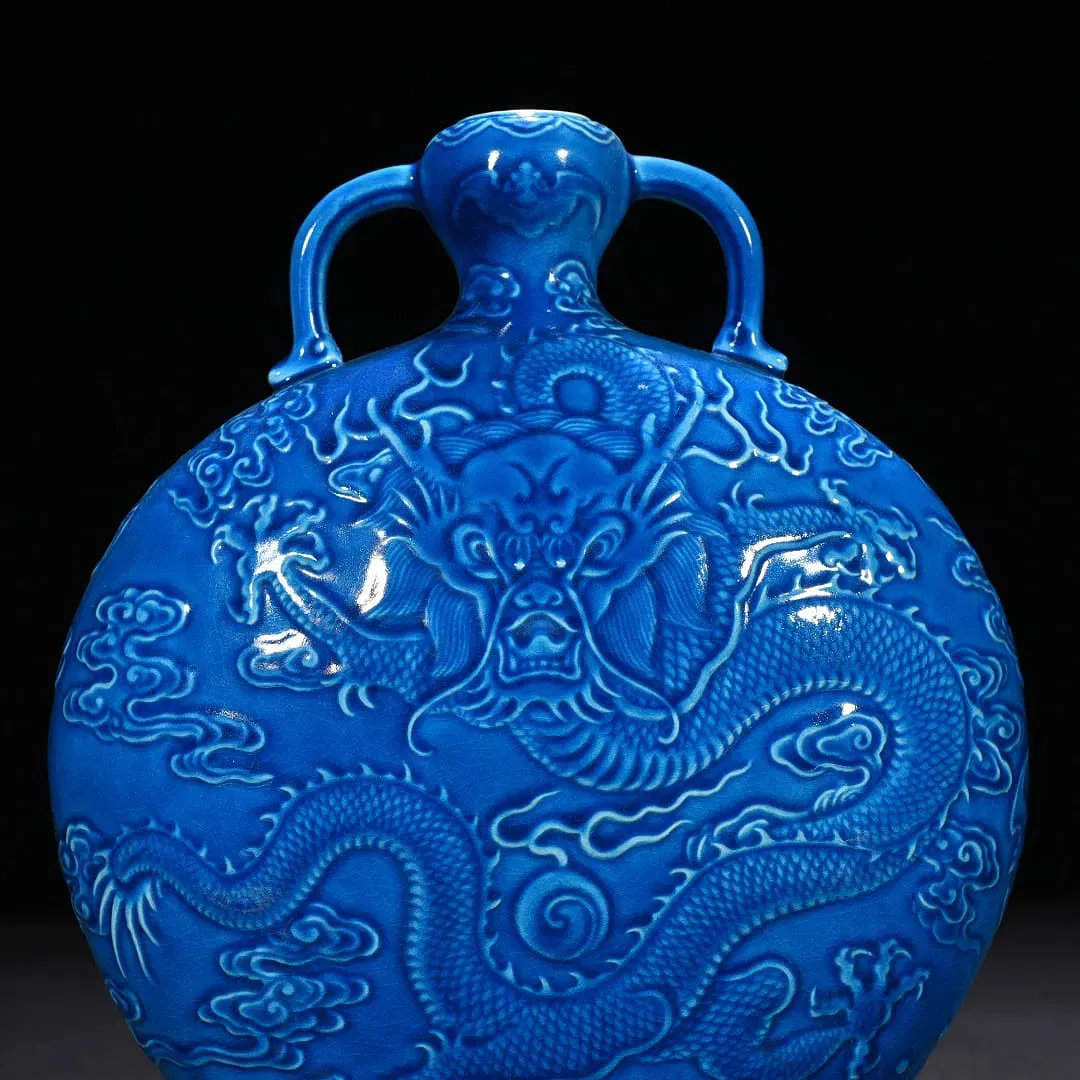 Chinese Qing Style Monochrome Blue Relief Porcelain Moon Flask thumbnail 2