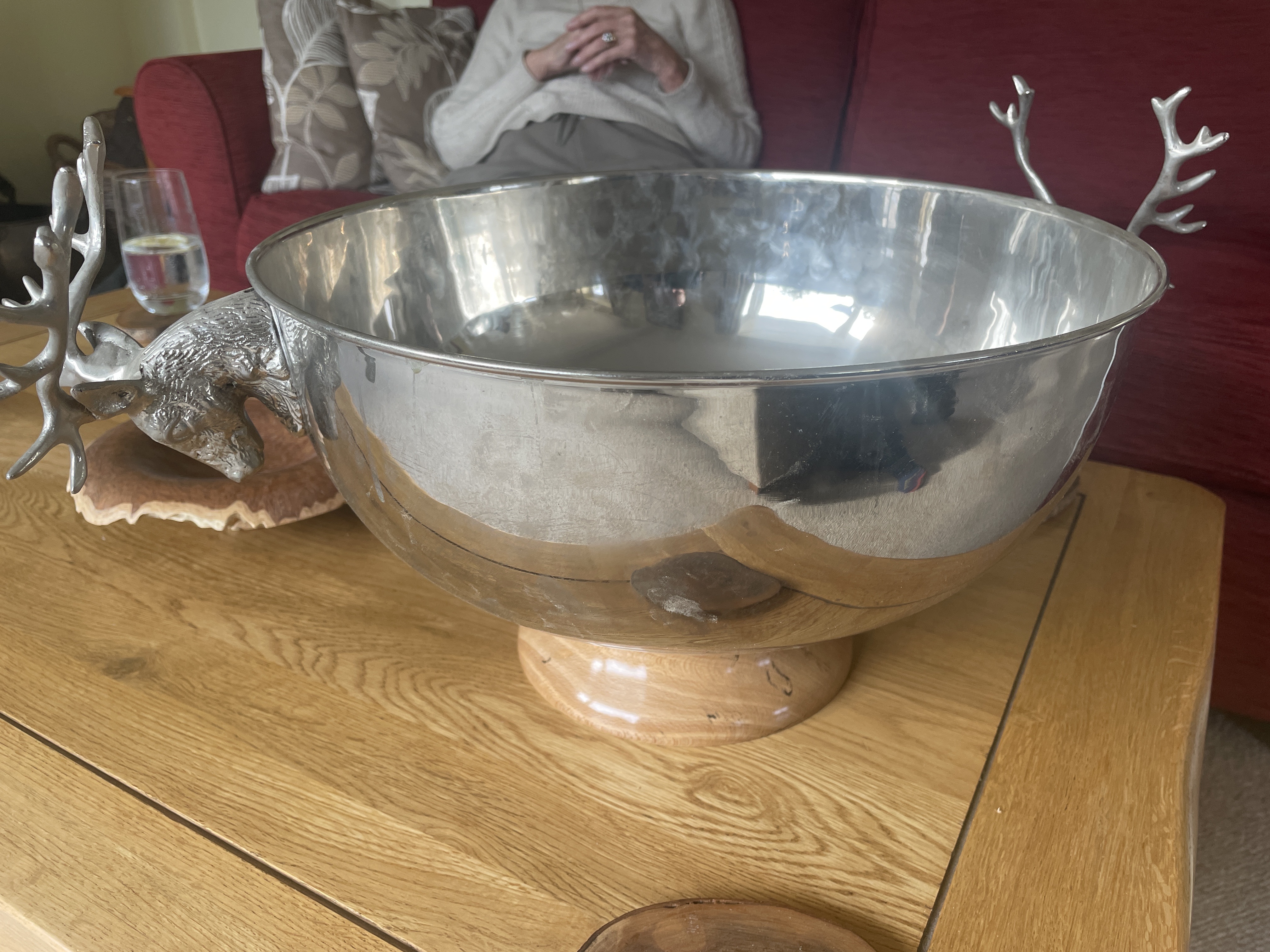 Rustic Lodge Style Stag-Handled Nickel-Plated Punch/Champagne Bowl on Turned Oak Base