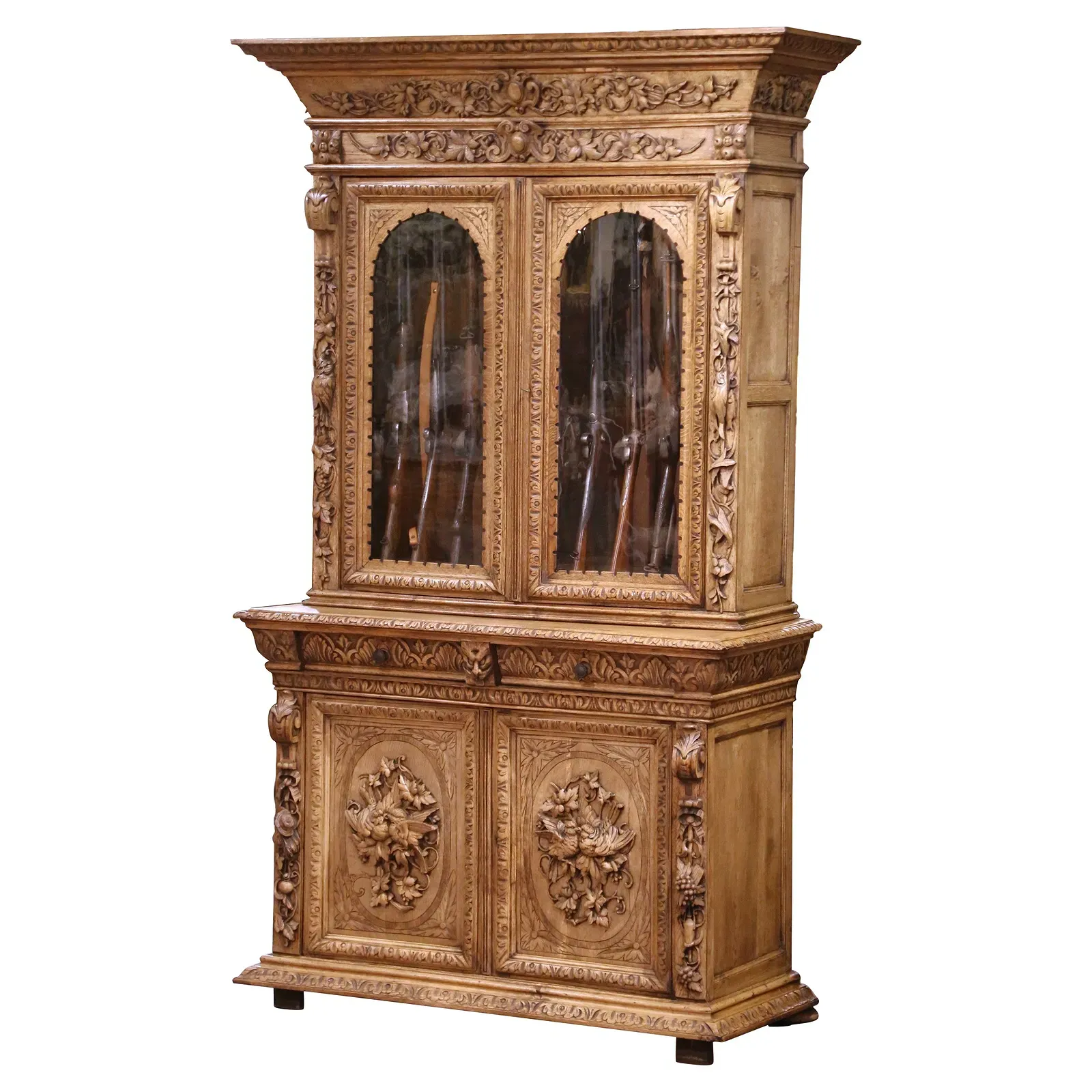 French Henri II Revival Carved Oak Gun Cabinet