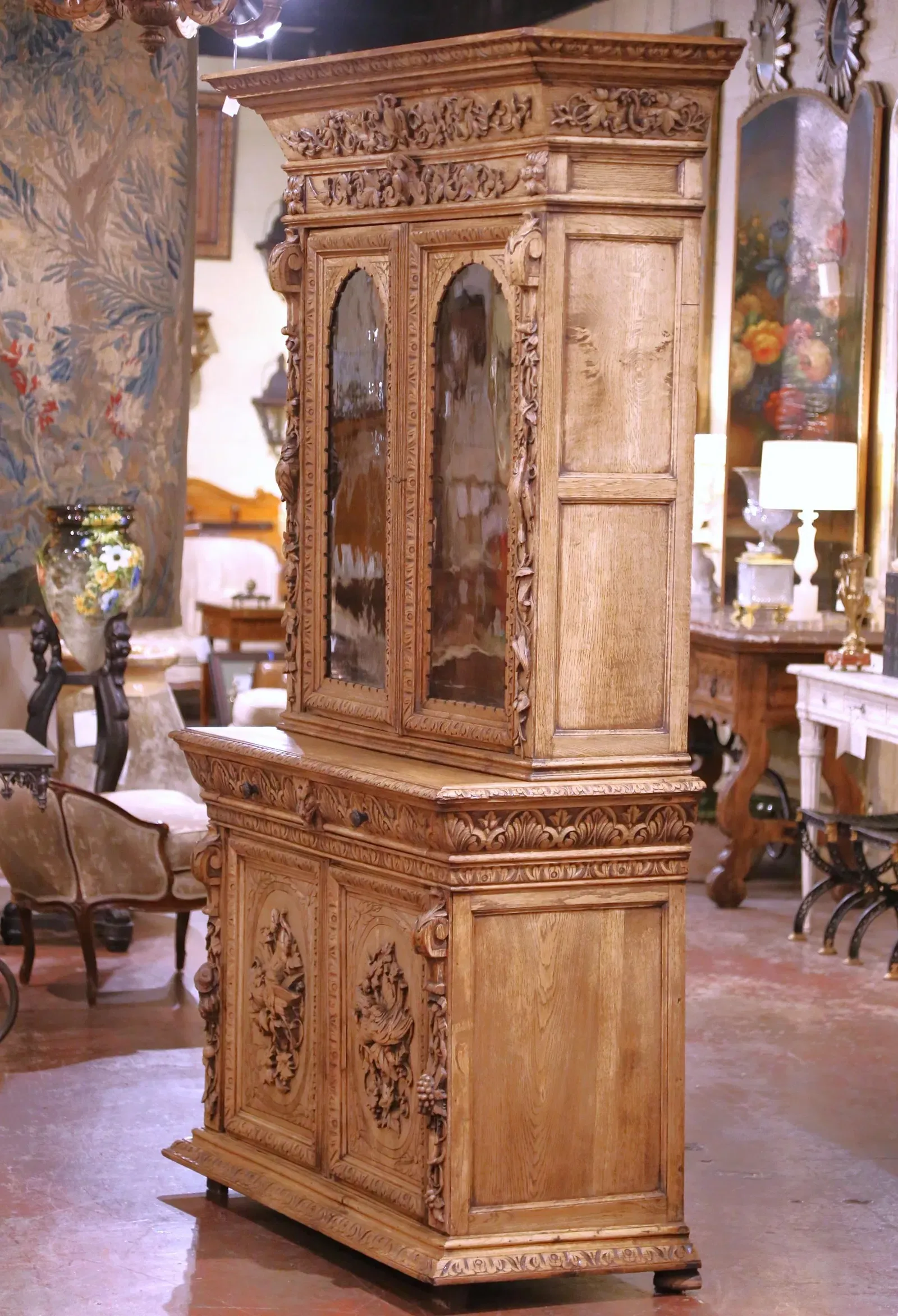 French Henri II Revival Carved Oak Gun Cabinet thumbnail 11