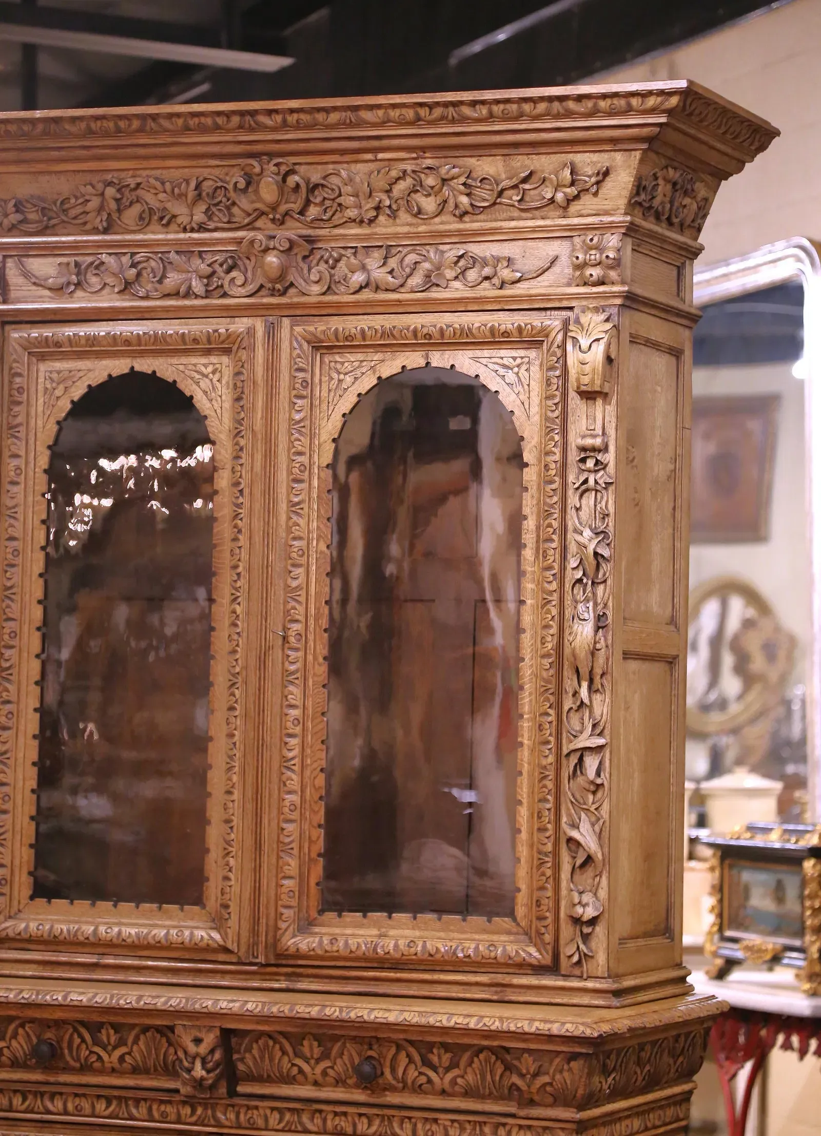 French Henri II Revival Carved Oak Gun Cabinet thumbnail 3