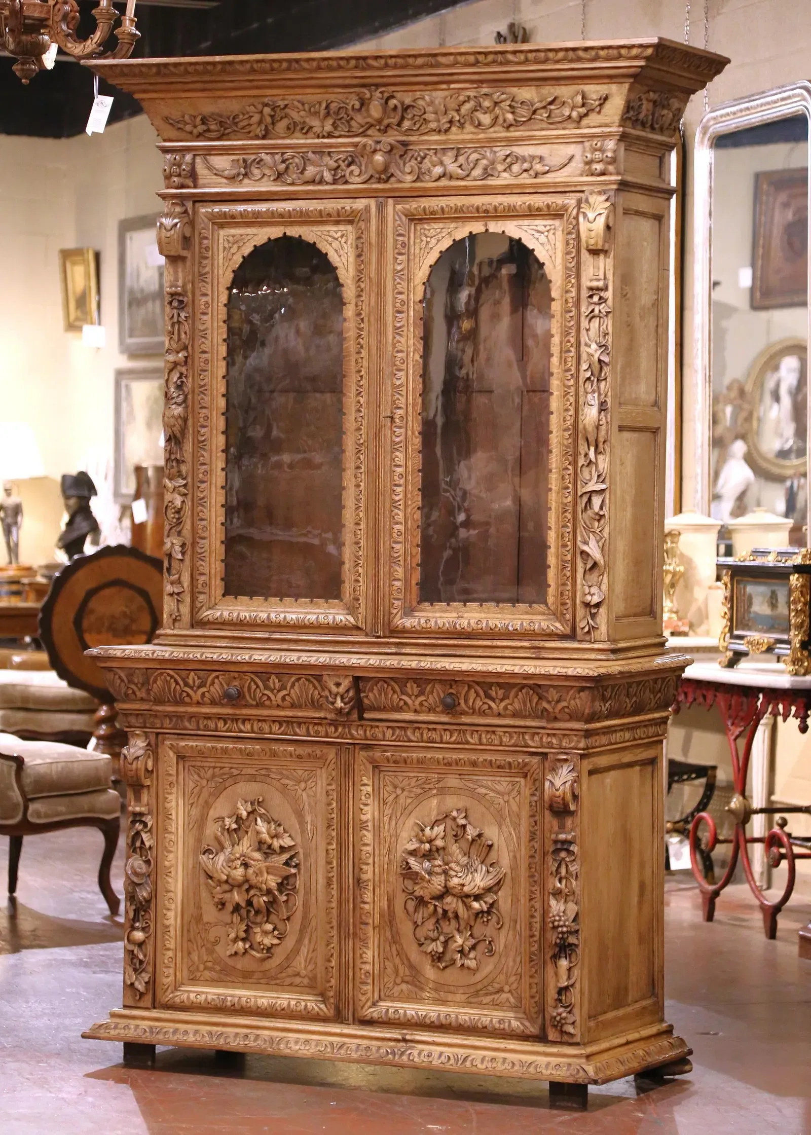 French Henri II Revival Carved Oak Gun Cabinet thumbnail 4