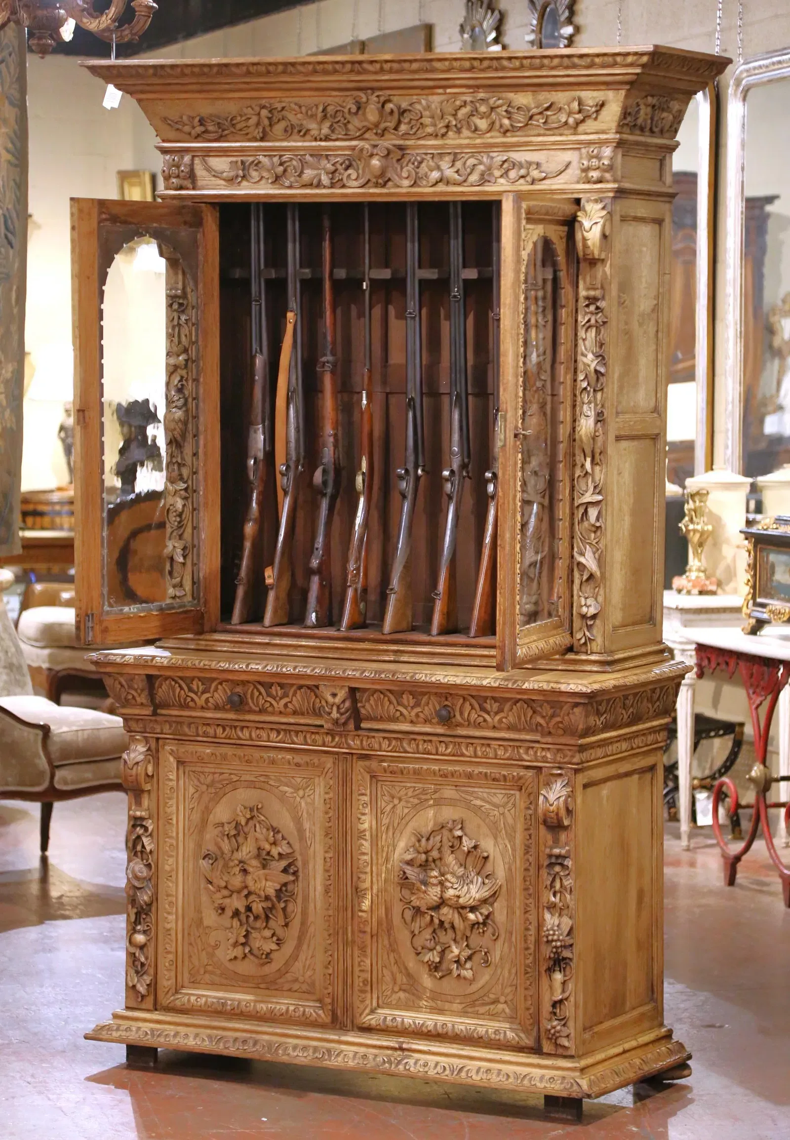 French Henri II Revival Carved Oak Gun Cabinet thumbnail 5