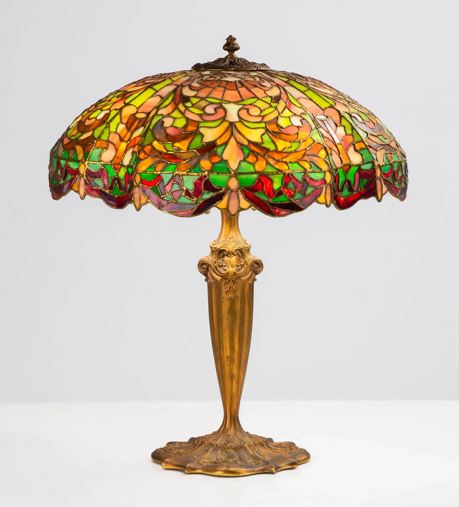 American Art Nouveau Period Bronze and Leaded Glass Table Lamp, Tiffany Studios