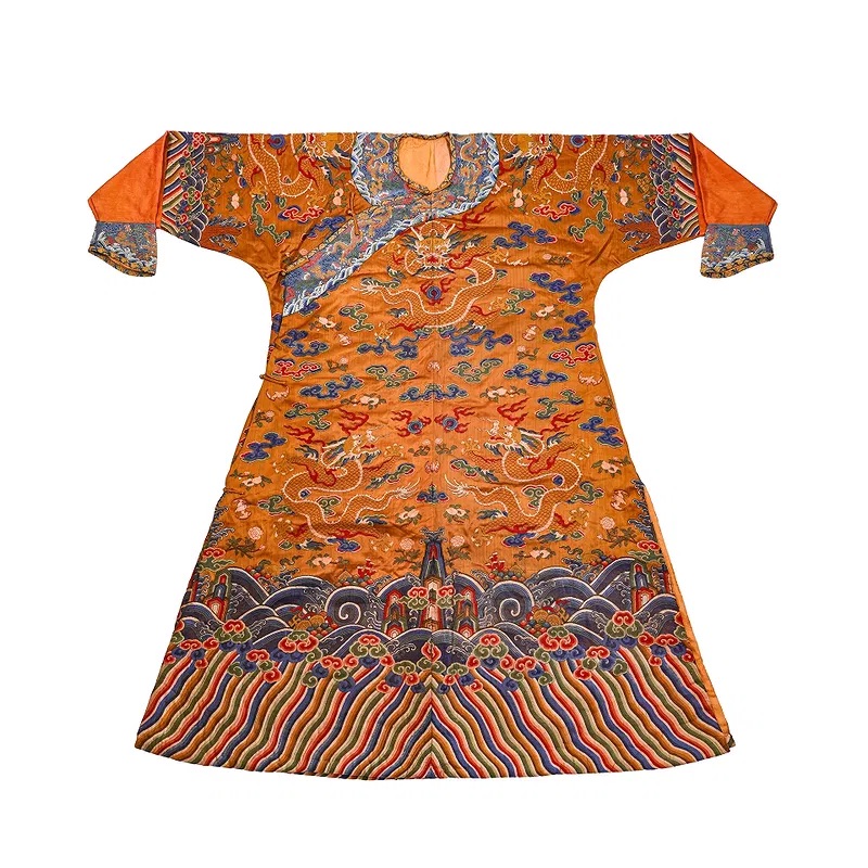 Qing Dynasty Orange Silk Embroidered Dragon Robe (Jifu)