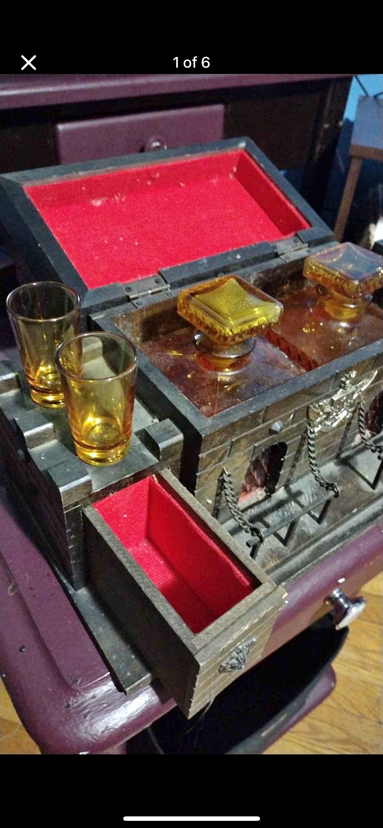 Victorian Gothic Revival Wood and Glass Tantalus Set