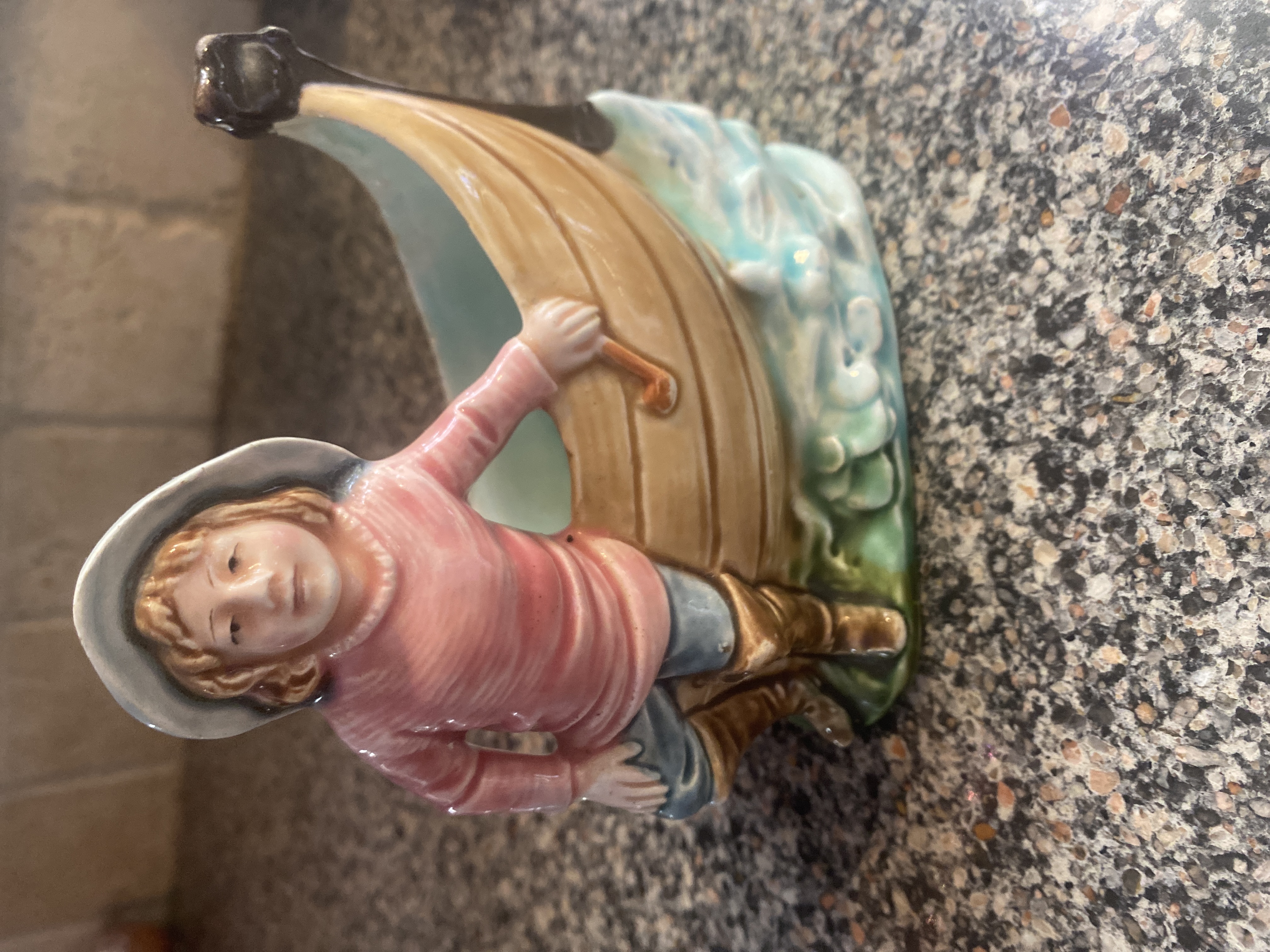 Victorian Majolica Ceramic Boy with Boat Planter