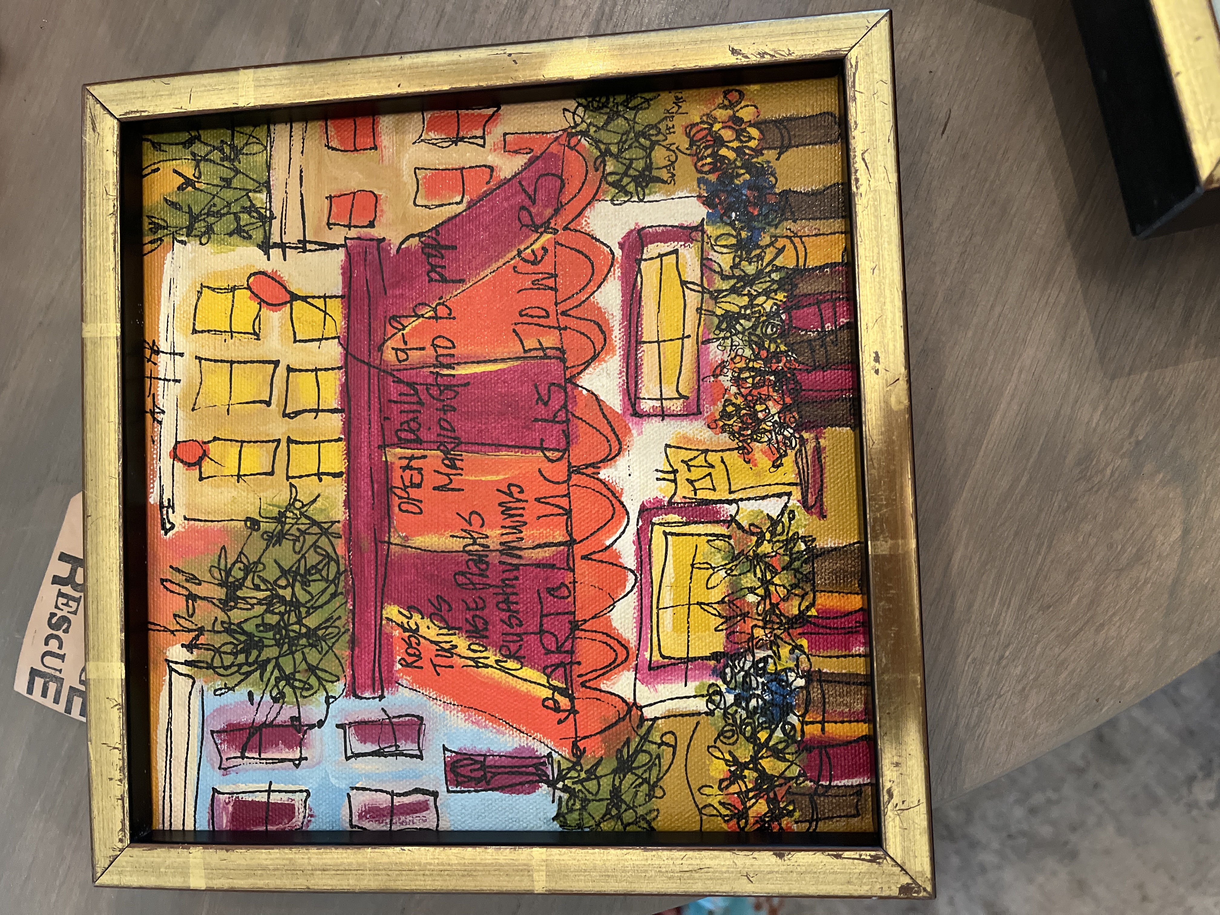 Contemporary Naïve Style Framed Acrylic Painting of a Flower Shop