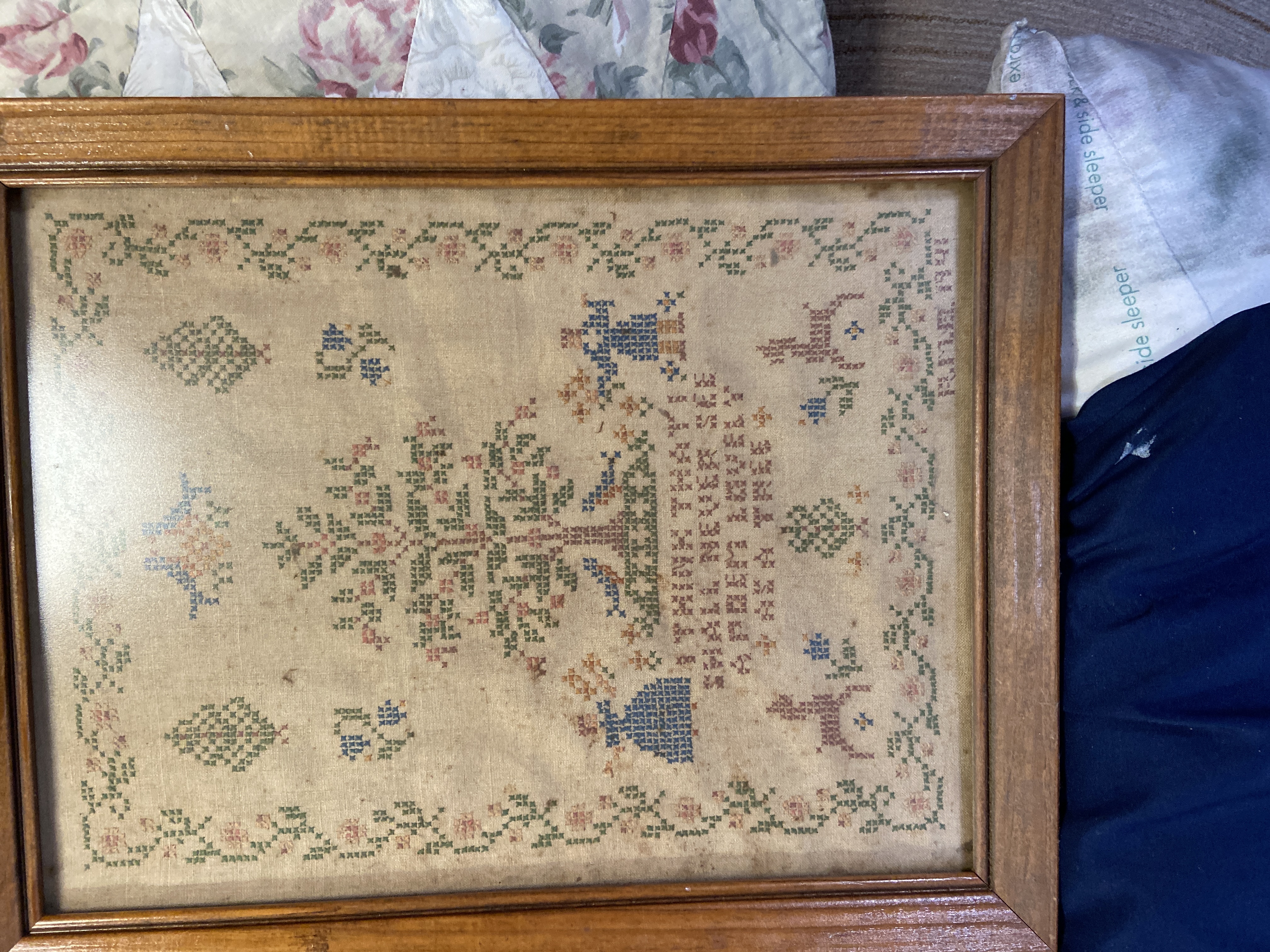 American Folk Art Mid-20th Century Linen Cross-Stitch 'Tree of Life' Sampler