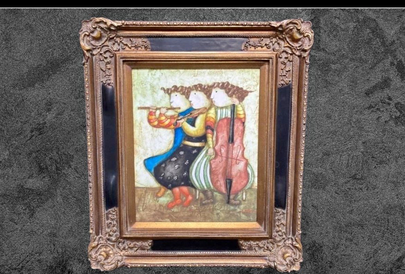 Modern Naive-Style Oil Painting of Musicians in Ornate Frame