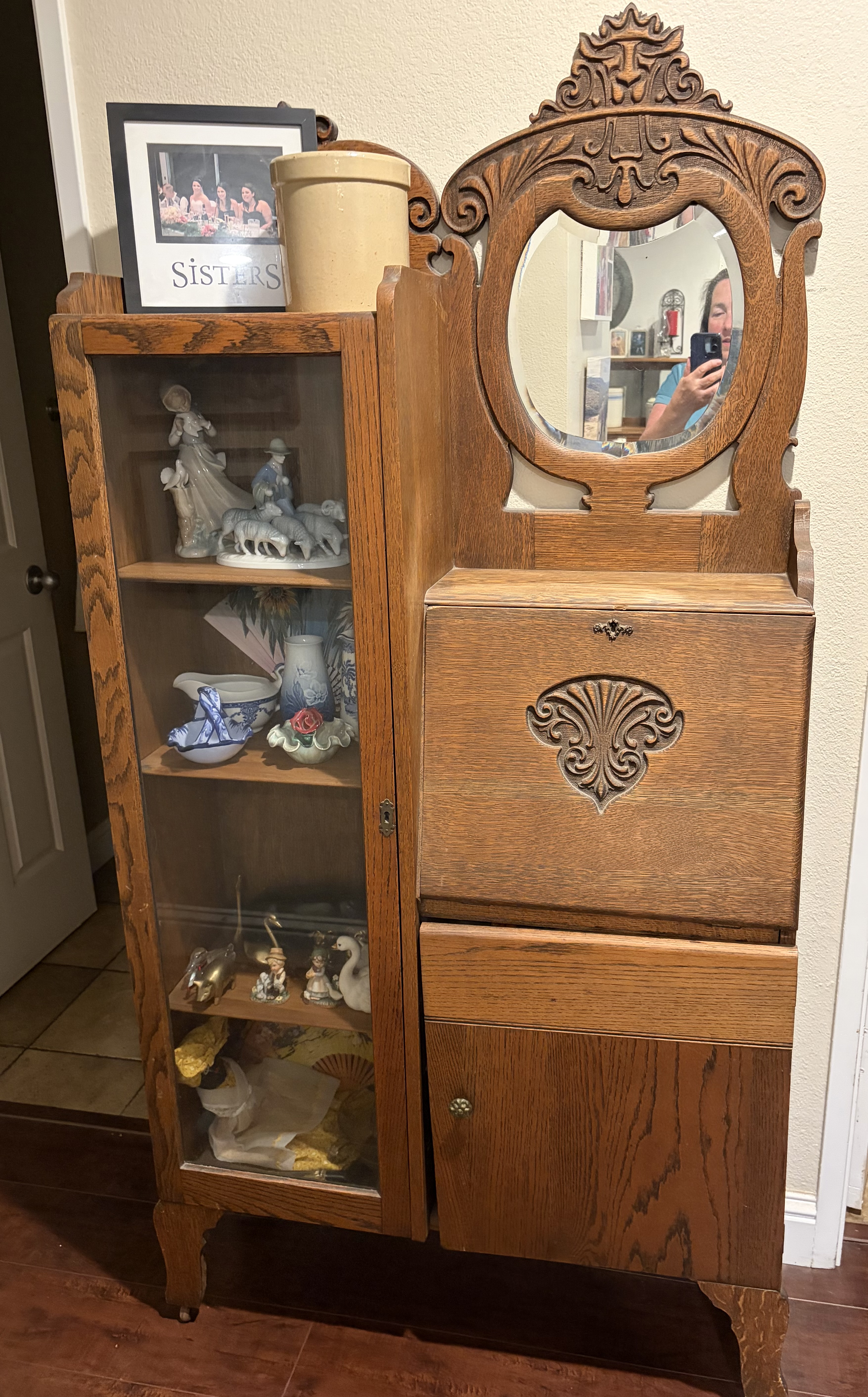 American Edwardian Oak Curio Cabinet with Mirror