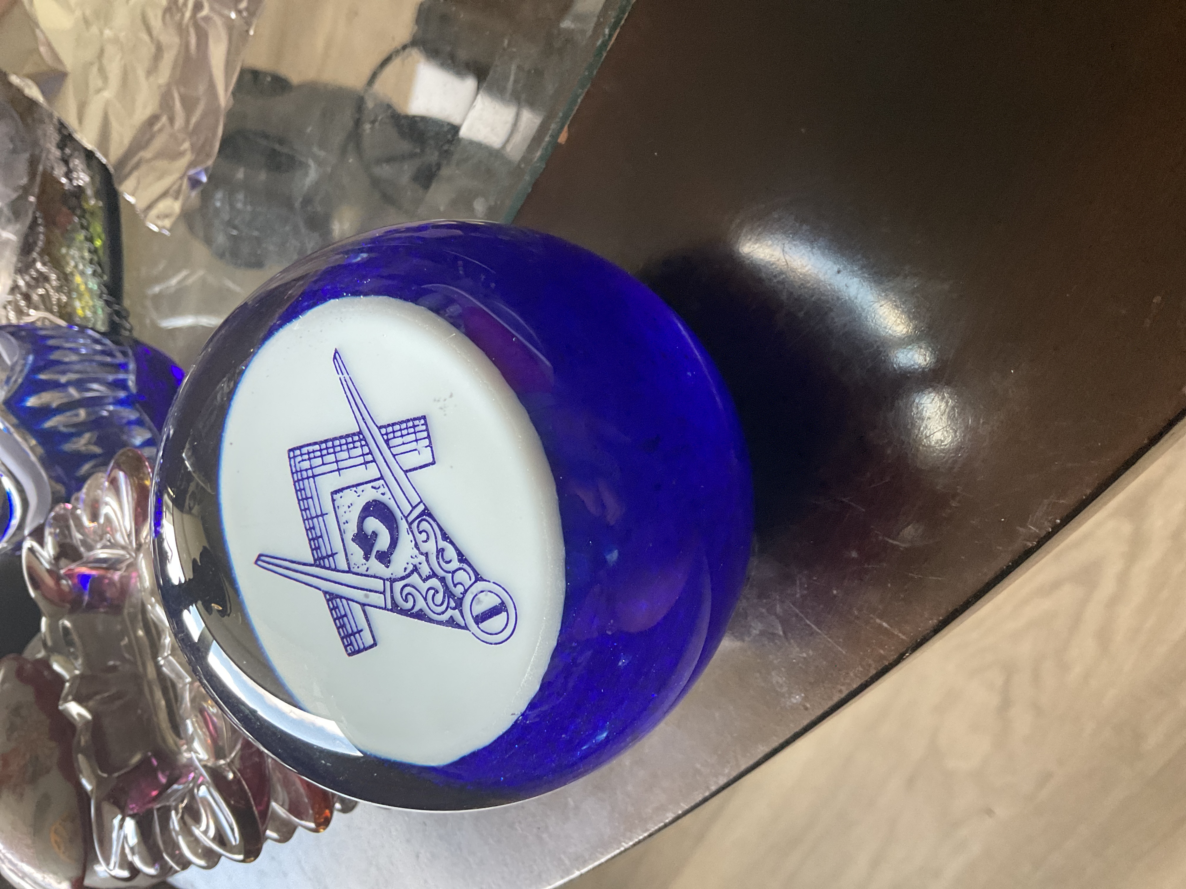 Masonic Cobalt Blue Art Glass Paperweight