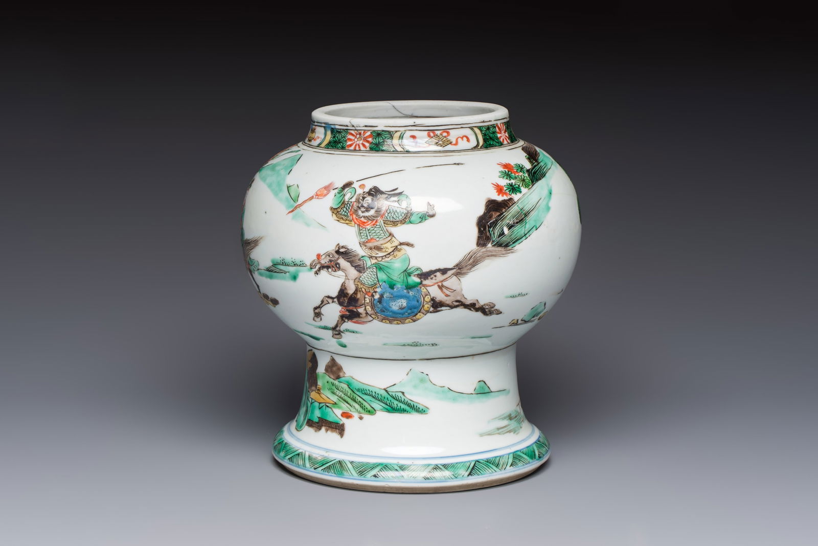 A Chinese Famille Verte 'Warriors' Vase, Kangxi thumbnail 2