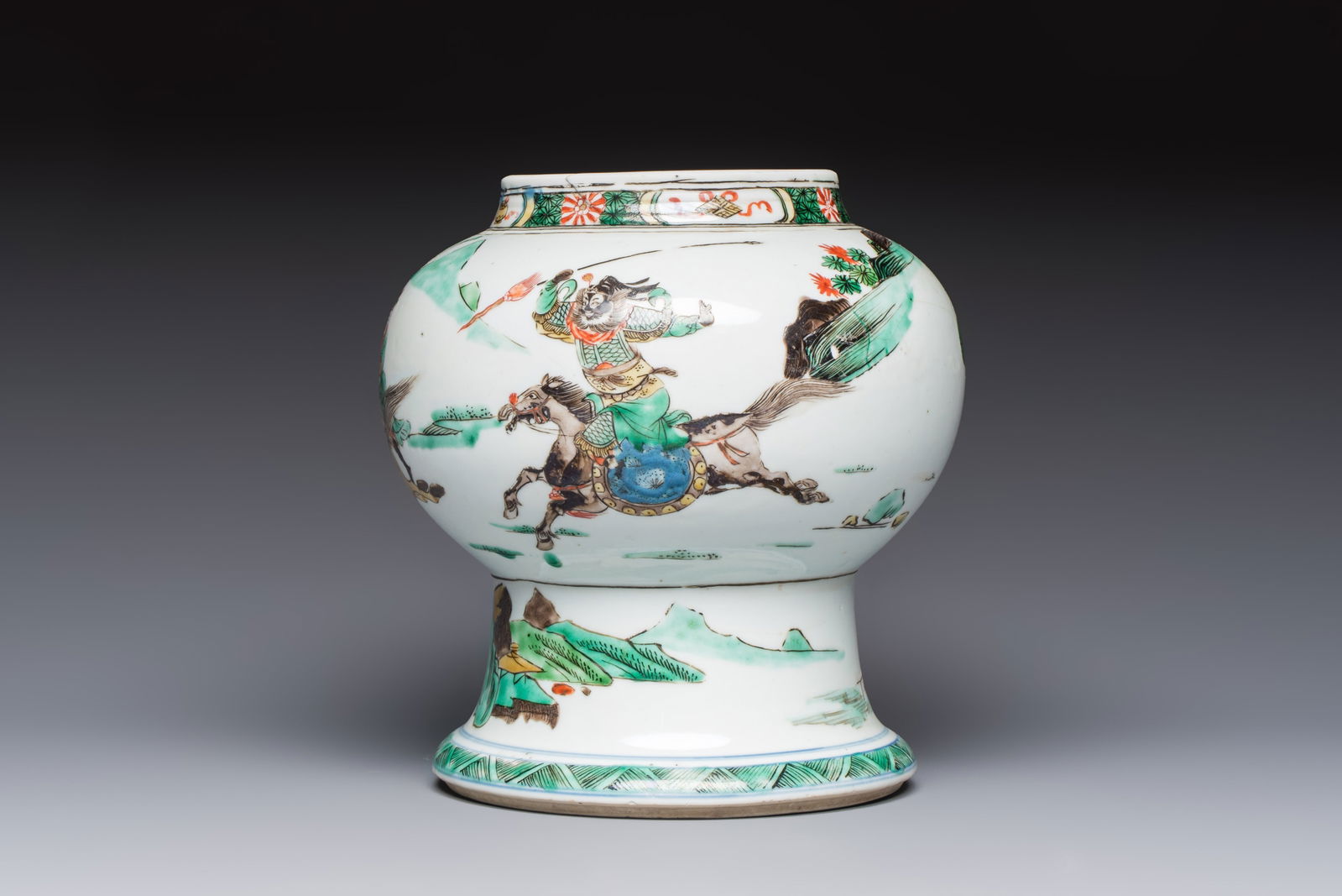 A Chinese Famille Verte 'Warriors' Vase, Kangxi thumbnail 3