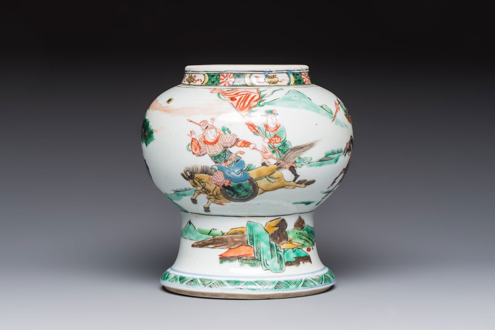 A Chinese Famille Verte 'Warriors' Vase, Kangxi thumbnail 6