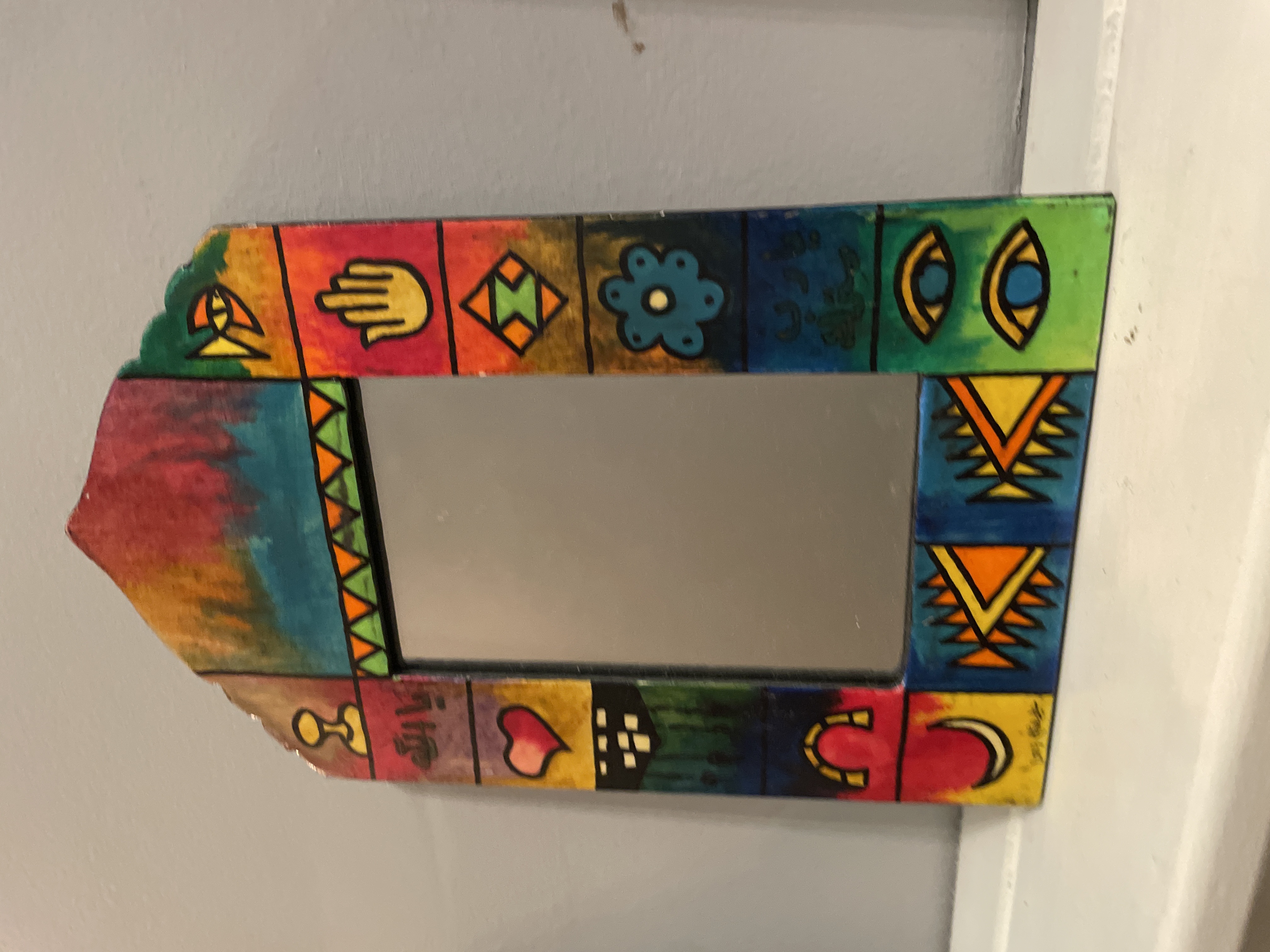 Contemporary Hand-Painted Folk Art Wooden Mirror Frame