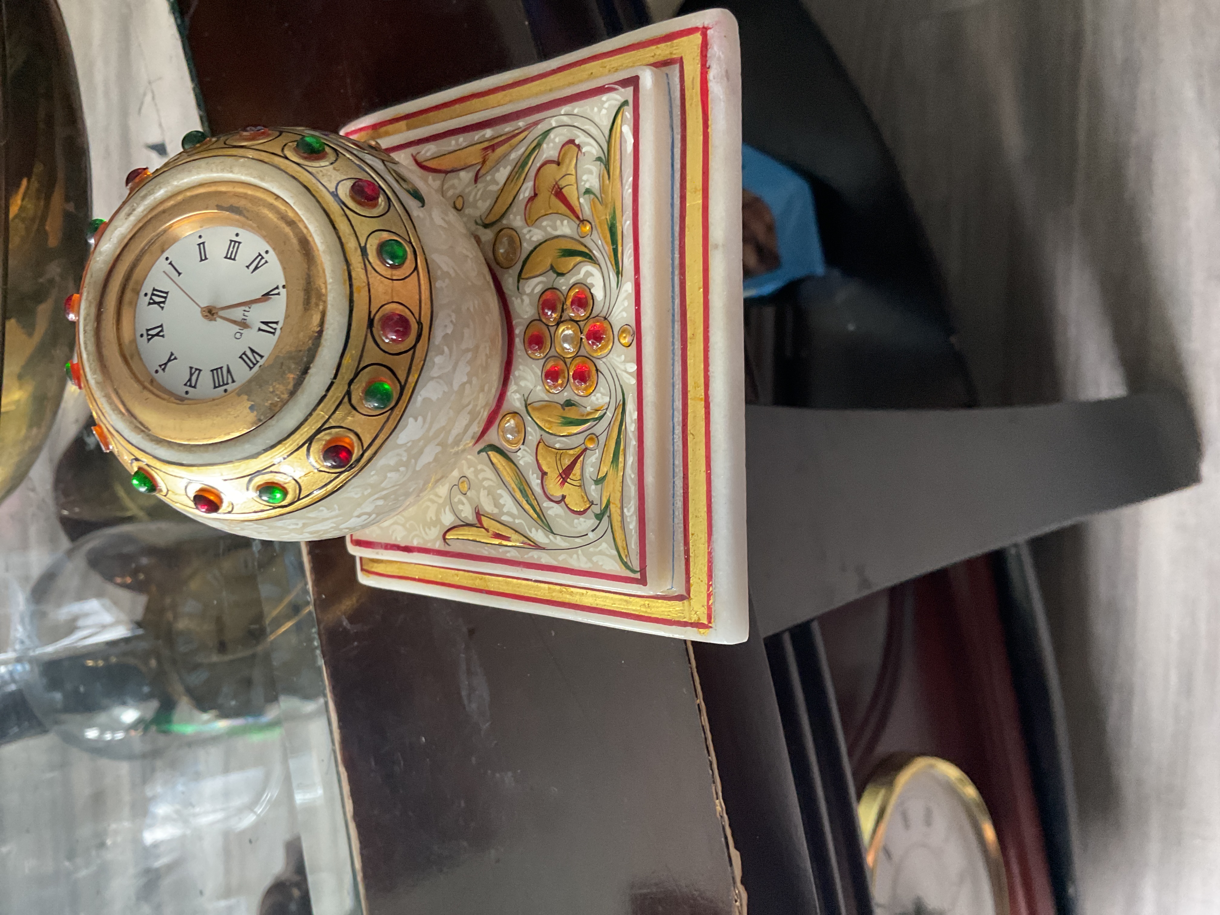 Indian Marble and Enamel Decorative Desk Clock