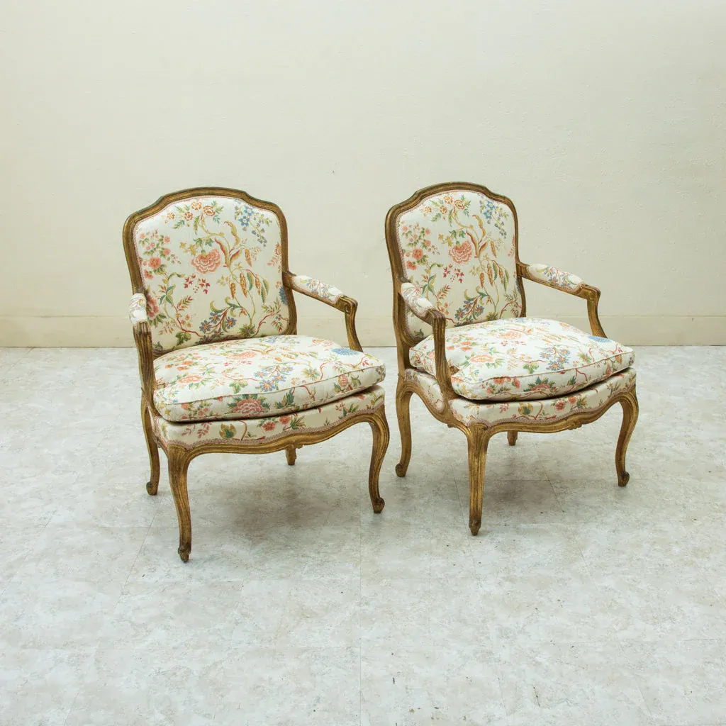 French Louis XV Style Giltwood Fauteuil Armchairs (Pair)