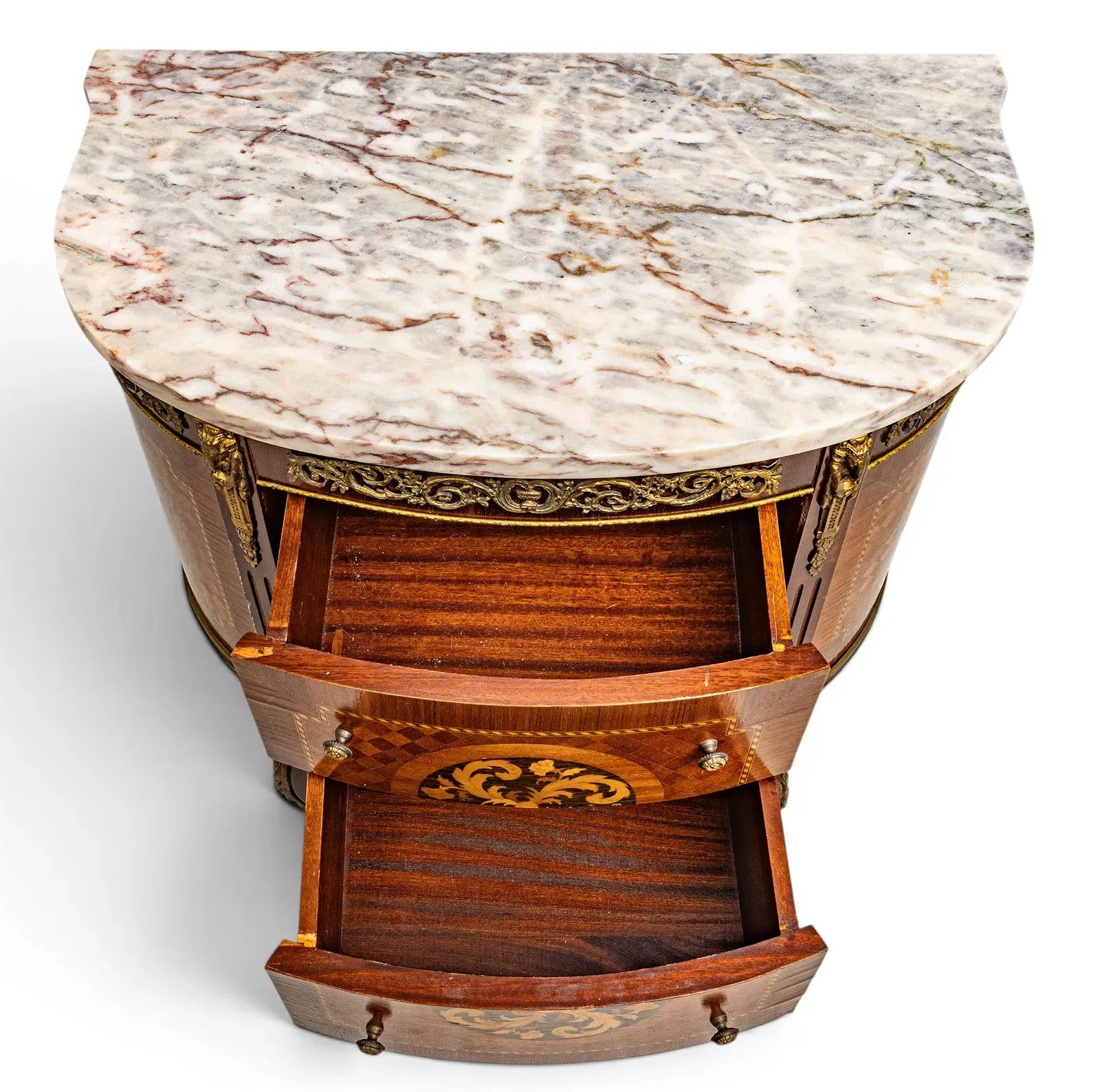 French Louis XV Style Kingwood, Tulipwood and Marquetry Marble-Top Commode thumbnail 3