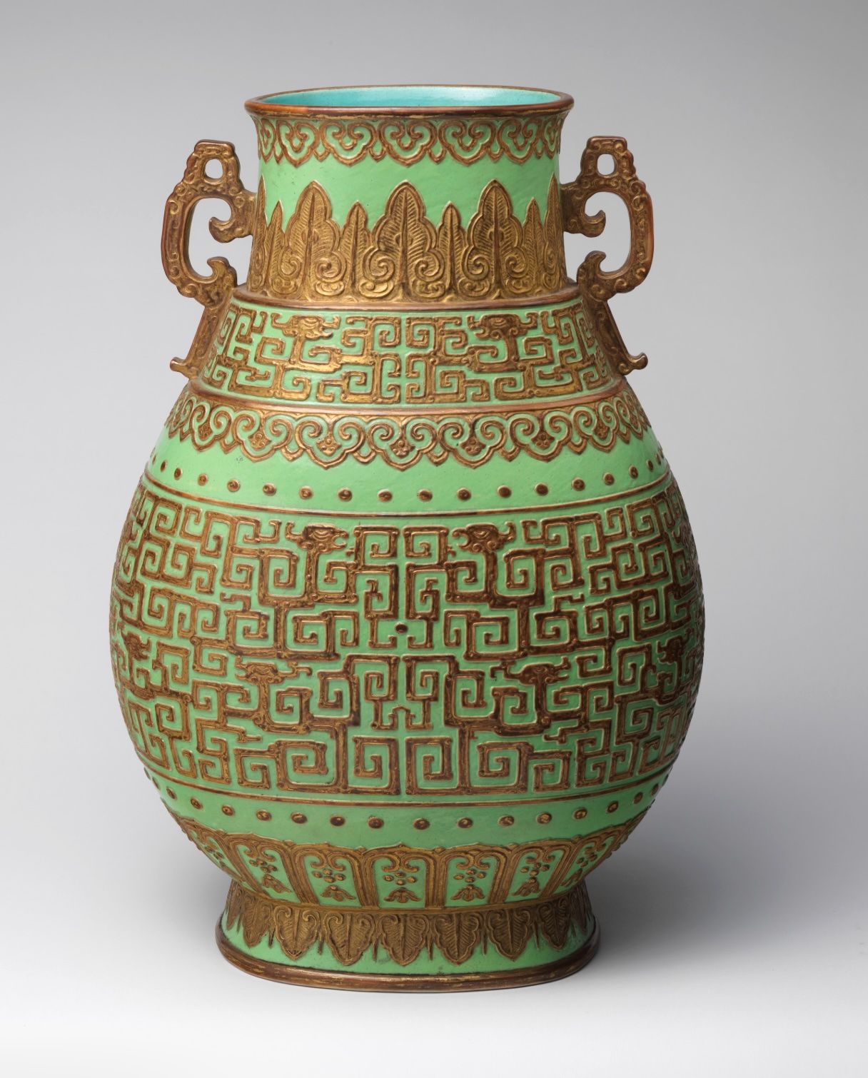 Qing Style Green-Ground Gilt-Relief Porcelain Hu-Form Vase