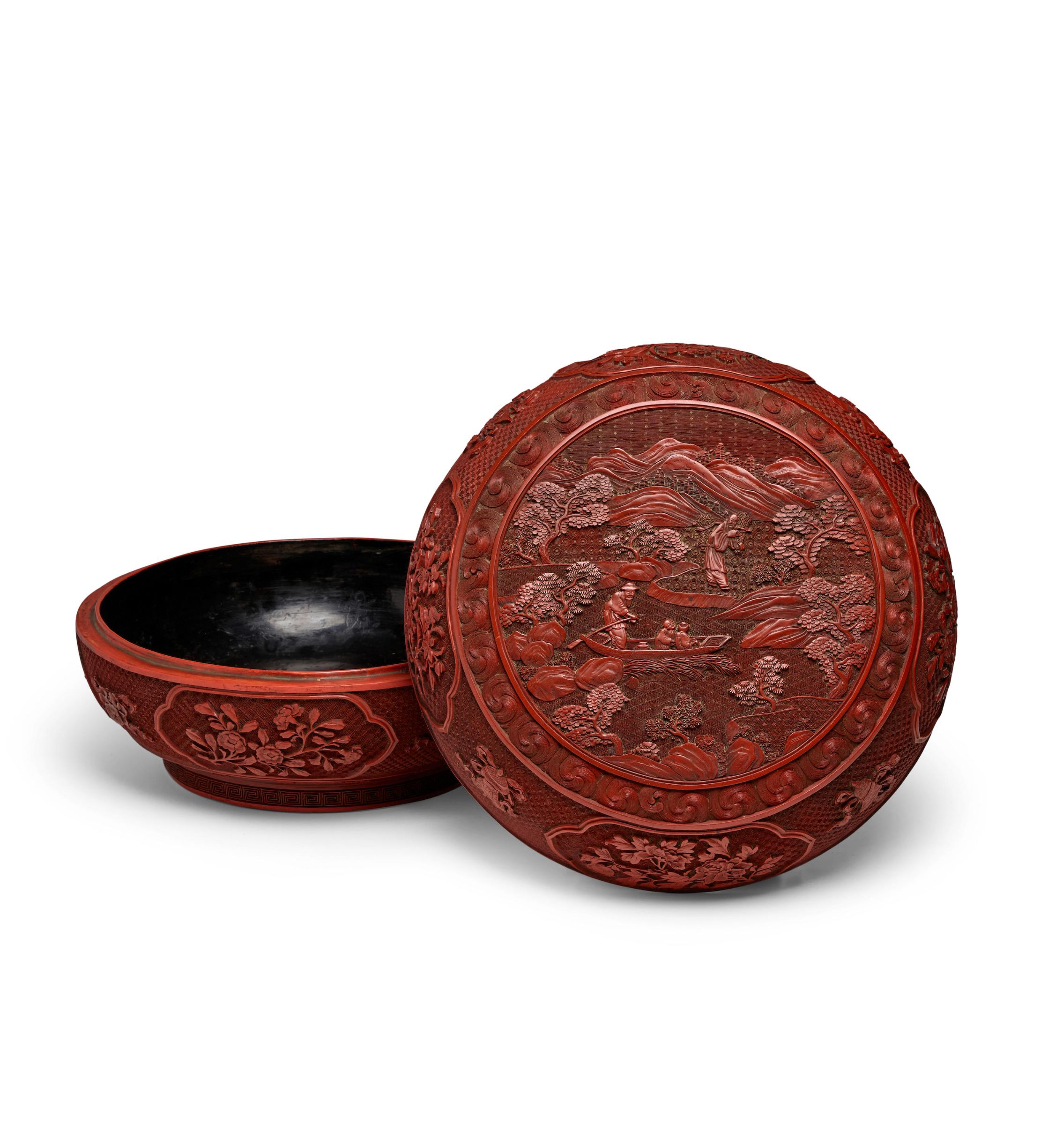 Qing Style Chinese Carved Cinnabar Lacquer Circular Box and Cover