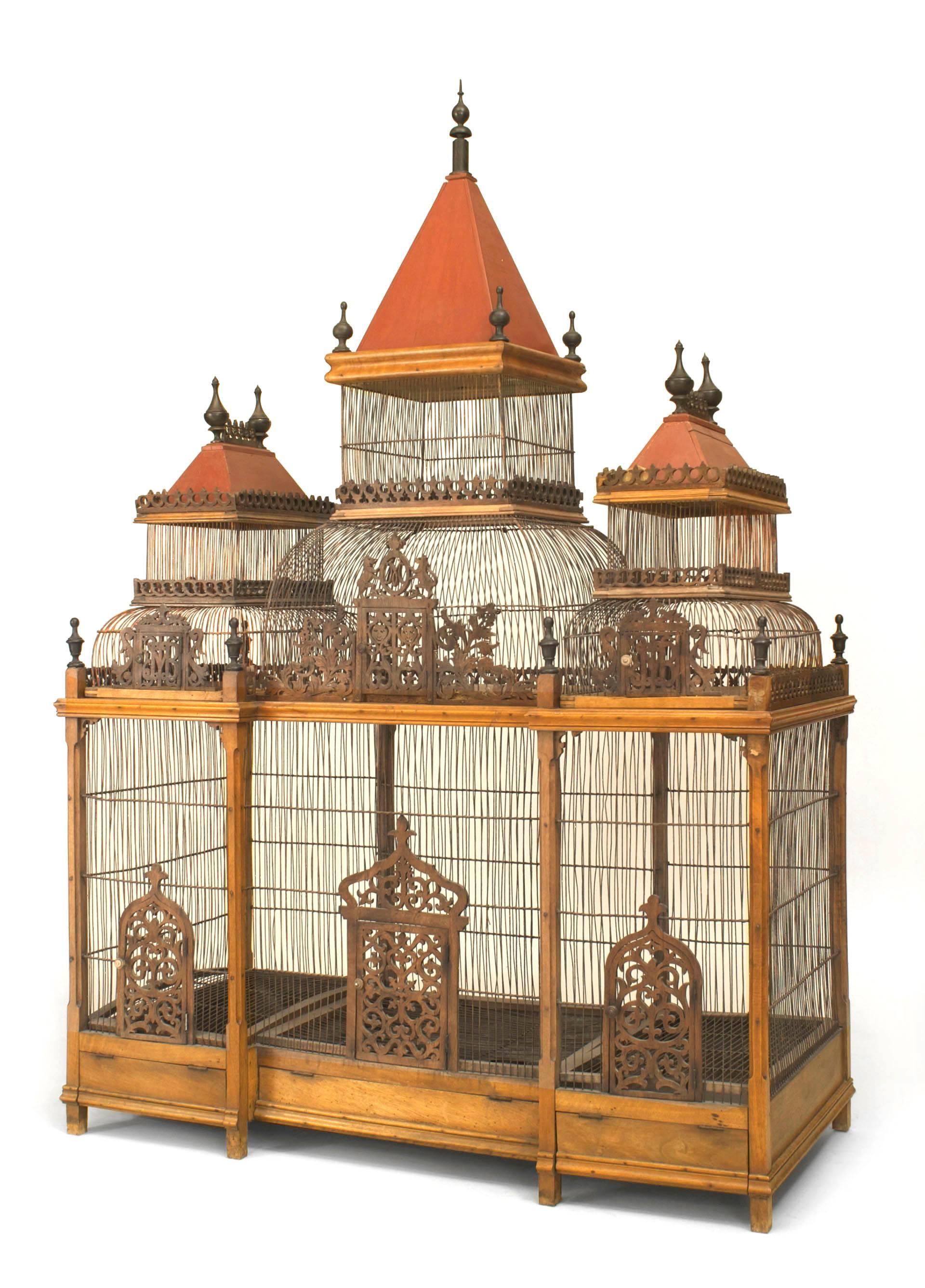 Victorian Gothic Revival Walnut and Wire Birdcage Aviary thumbnail 2