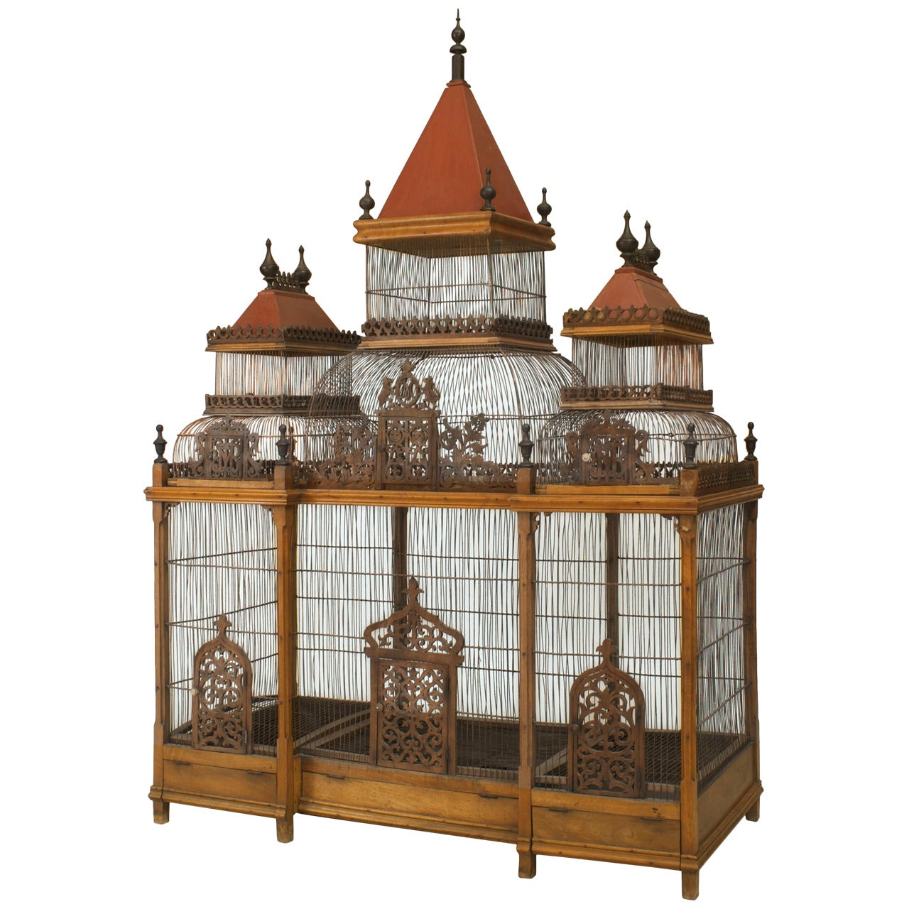 Victorian Gothic Revival Walnut and Wire Birdcage Aviary thumbnail 4