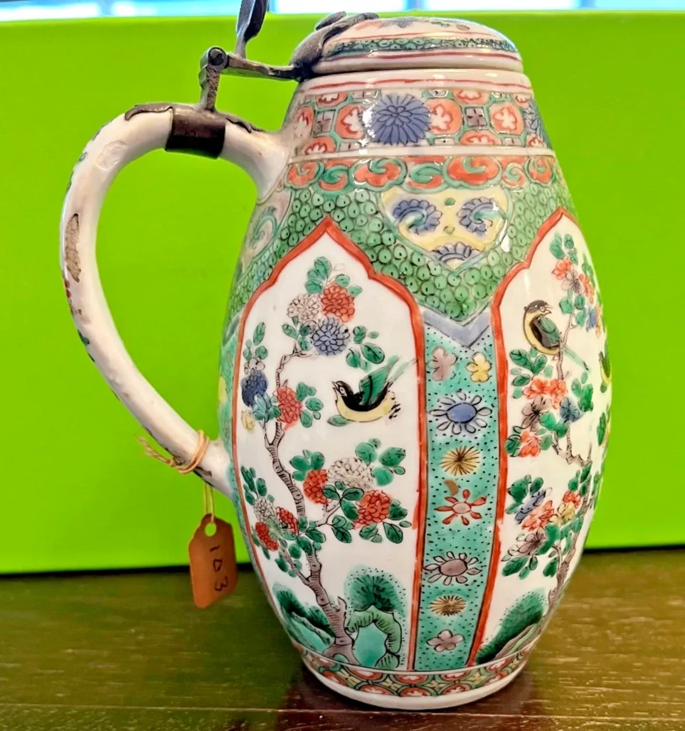 Chinese Export Famille Rose Porcelain Tankard with Pewter Lid