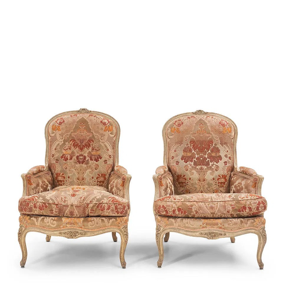 French Louis XV Style Giltwood Bergère Armchairs (Pair)