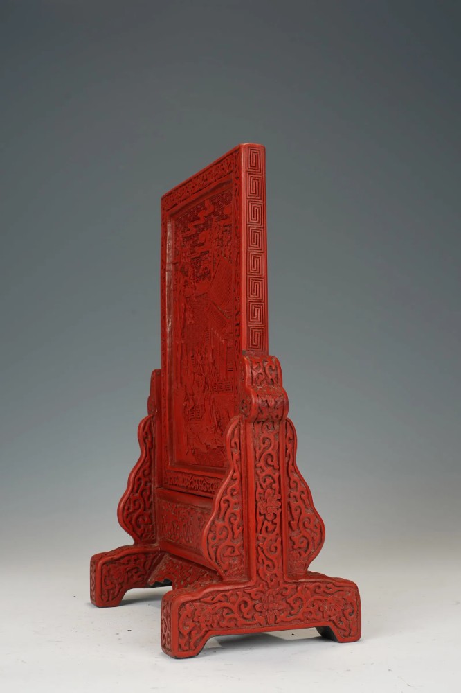 Chinese Qing Dynasty Style Carved Cinnabar Lacquer Table Screen thumbnail 3
